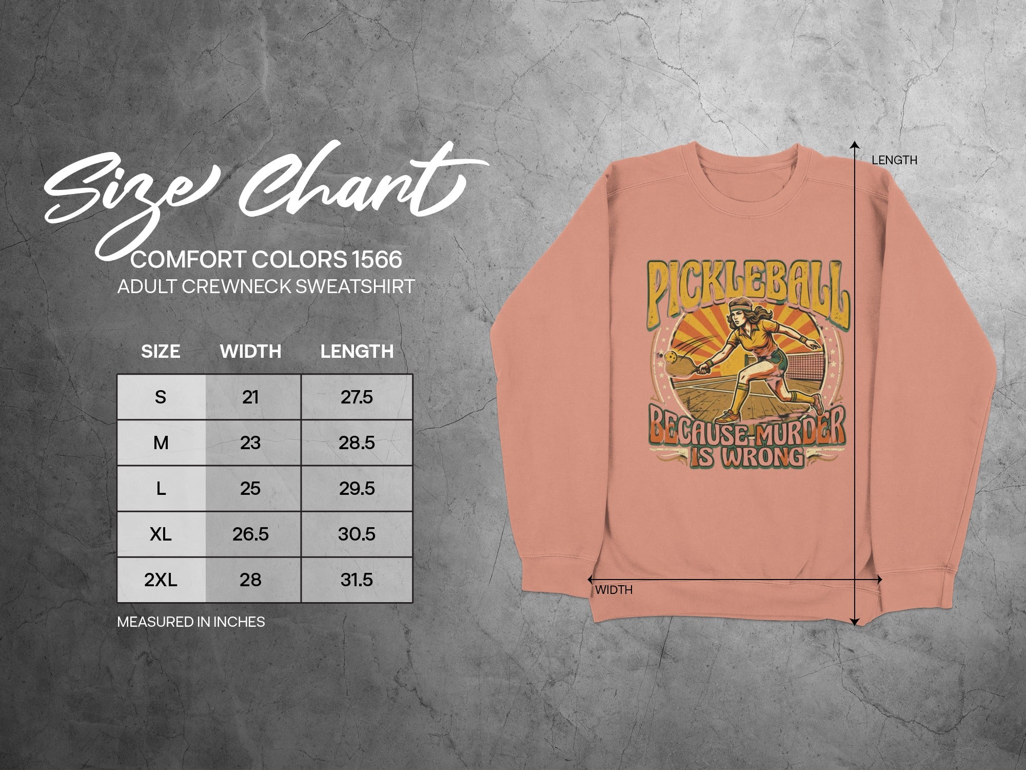 Adult crewneck sweatshirt size chart with pickleball graphic.