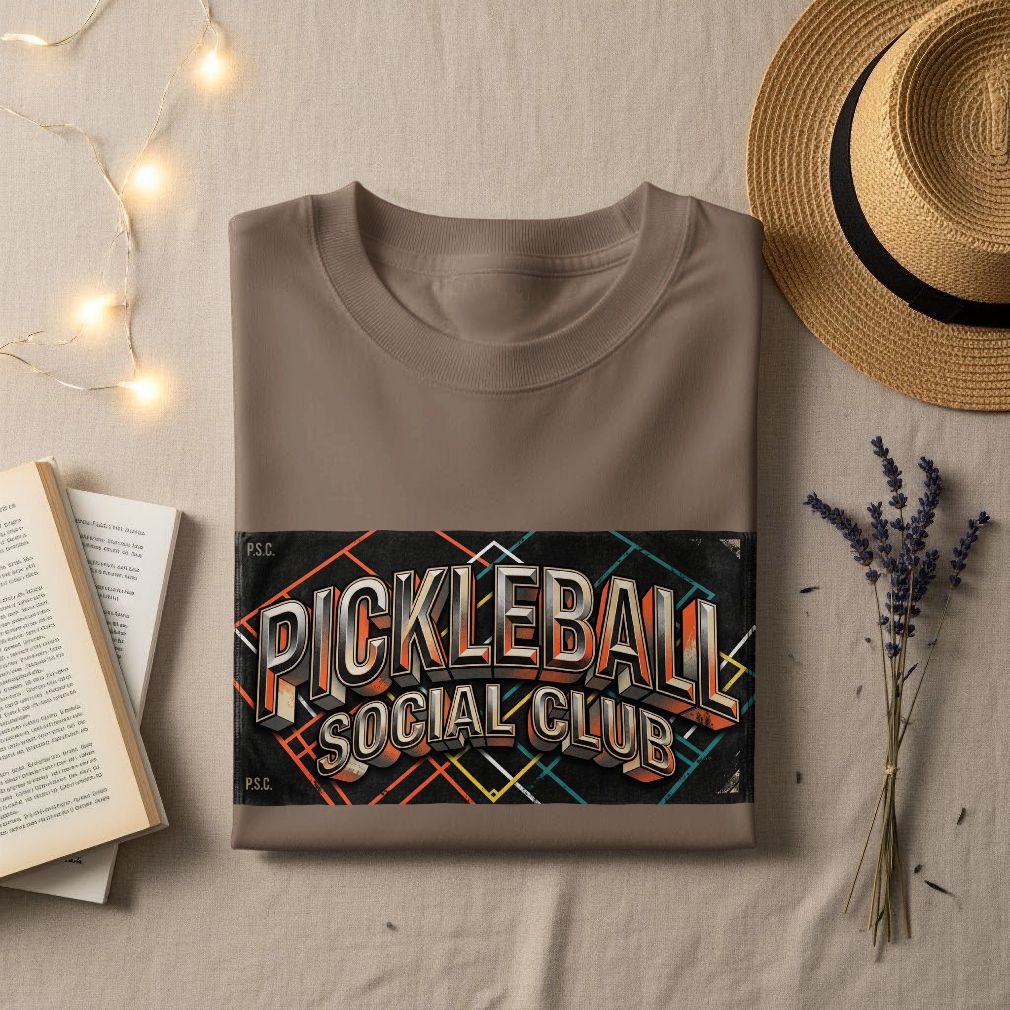 Brown t-shirt with "Pickleball Social Club" text and colorful geometric lines.