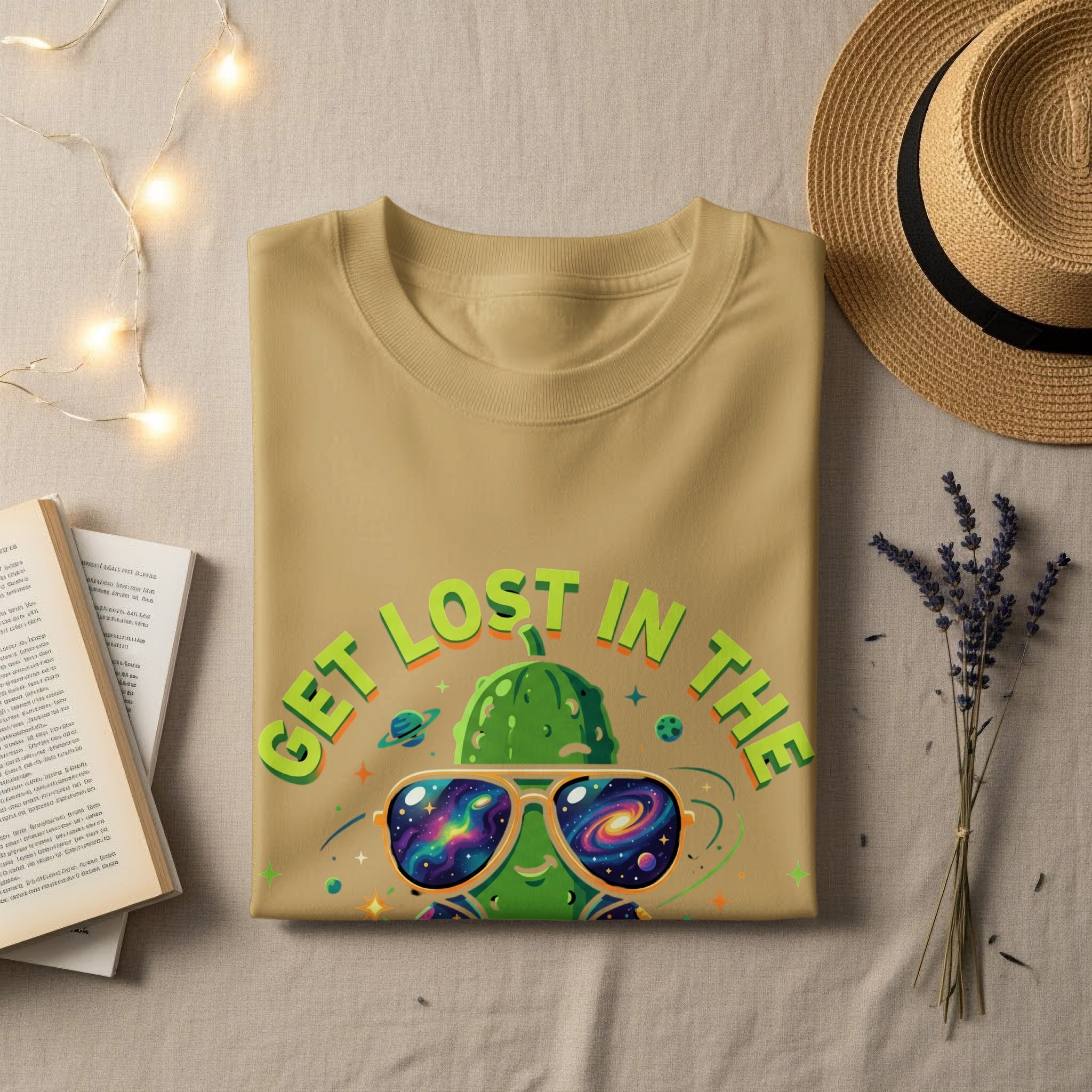 T-shirt with cartoon sunglasses and cosmic pickle saying "GET LOST IN THE".