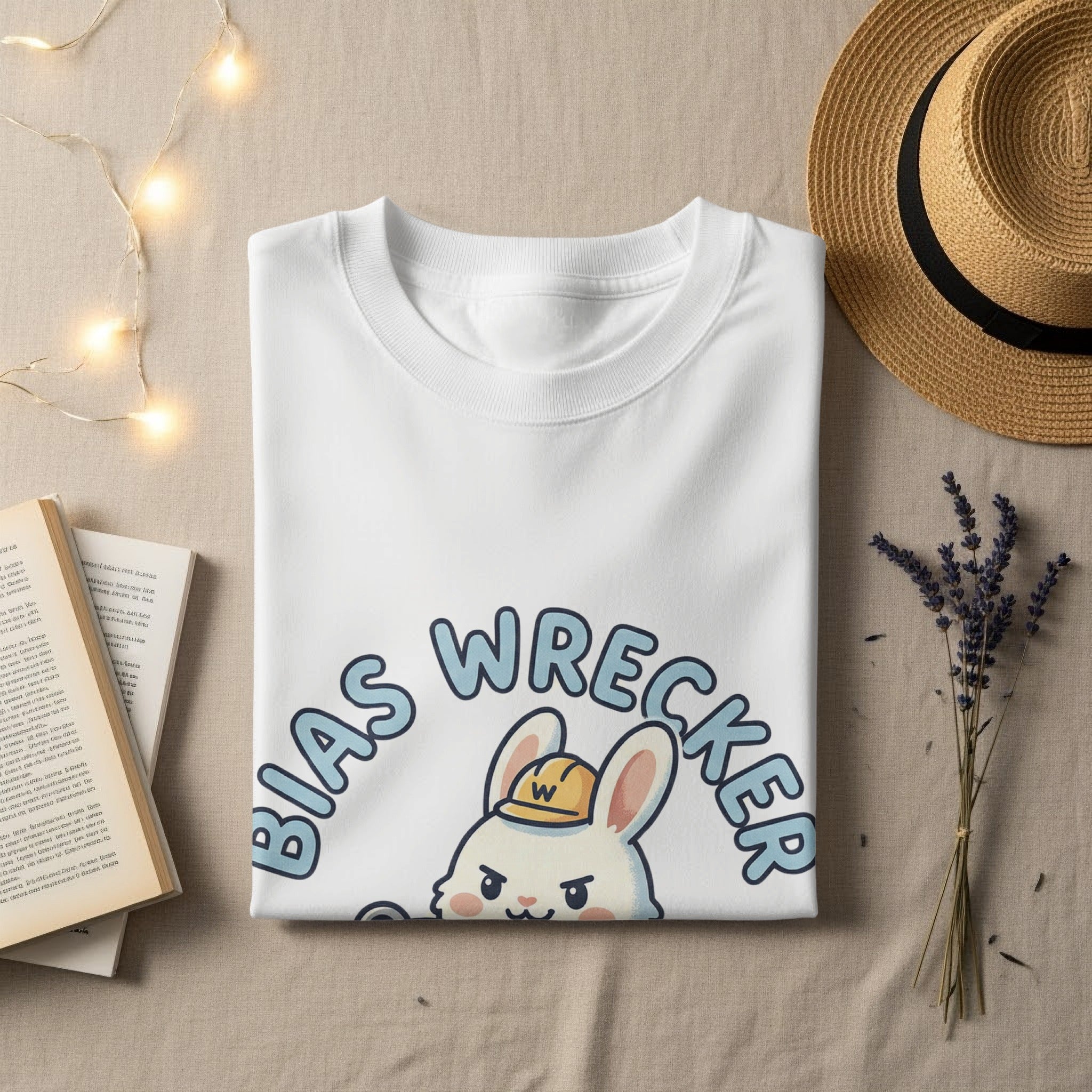 White t-shirt with "BIAS WRECKER" and a rabbit graphic.