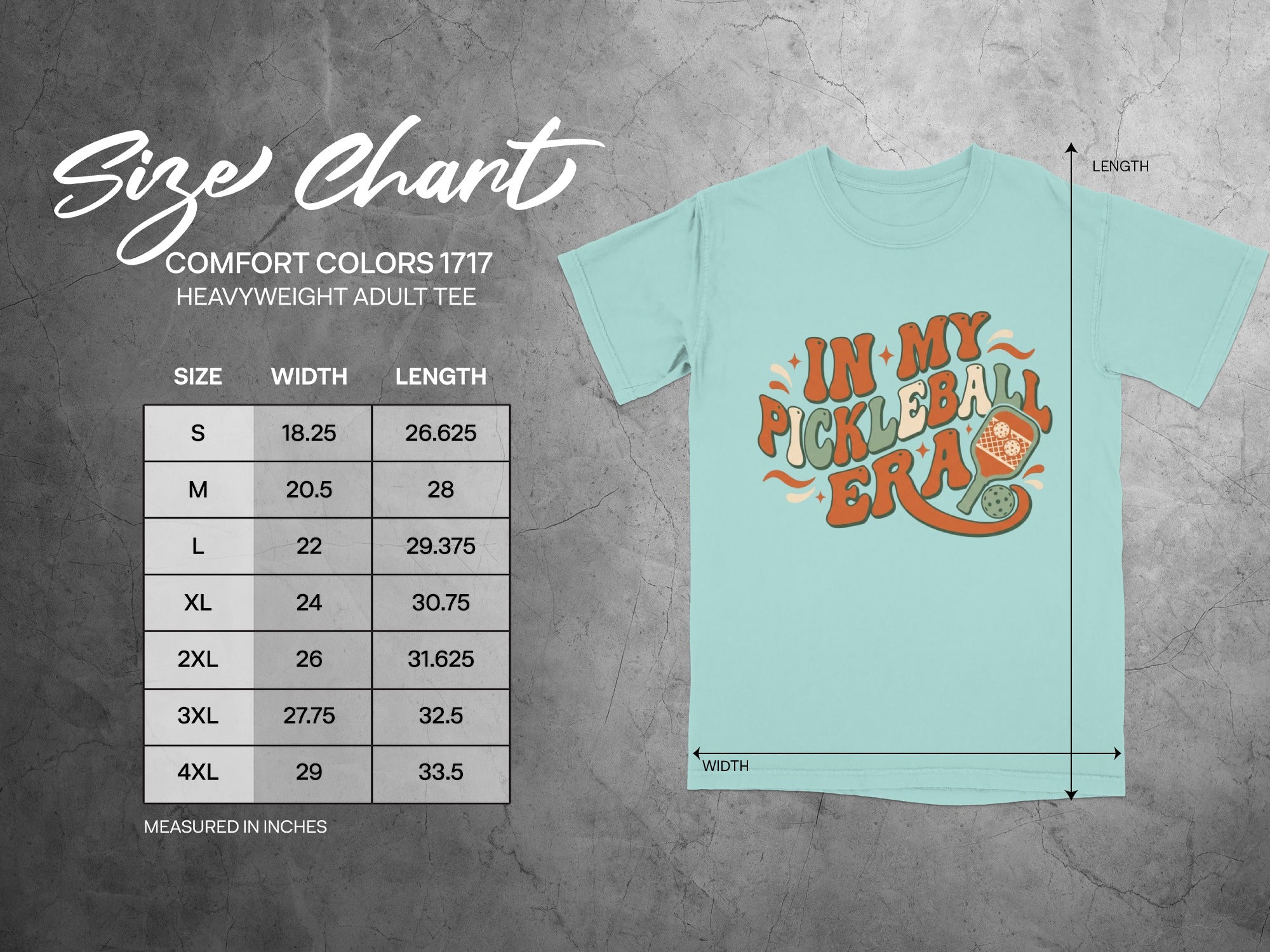 Size chart for Comfort Colors 1717 Heavyweight Adult Tee with measurements.