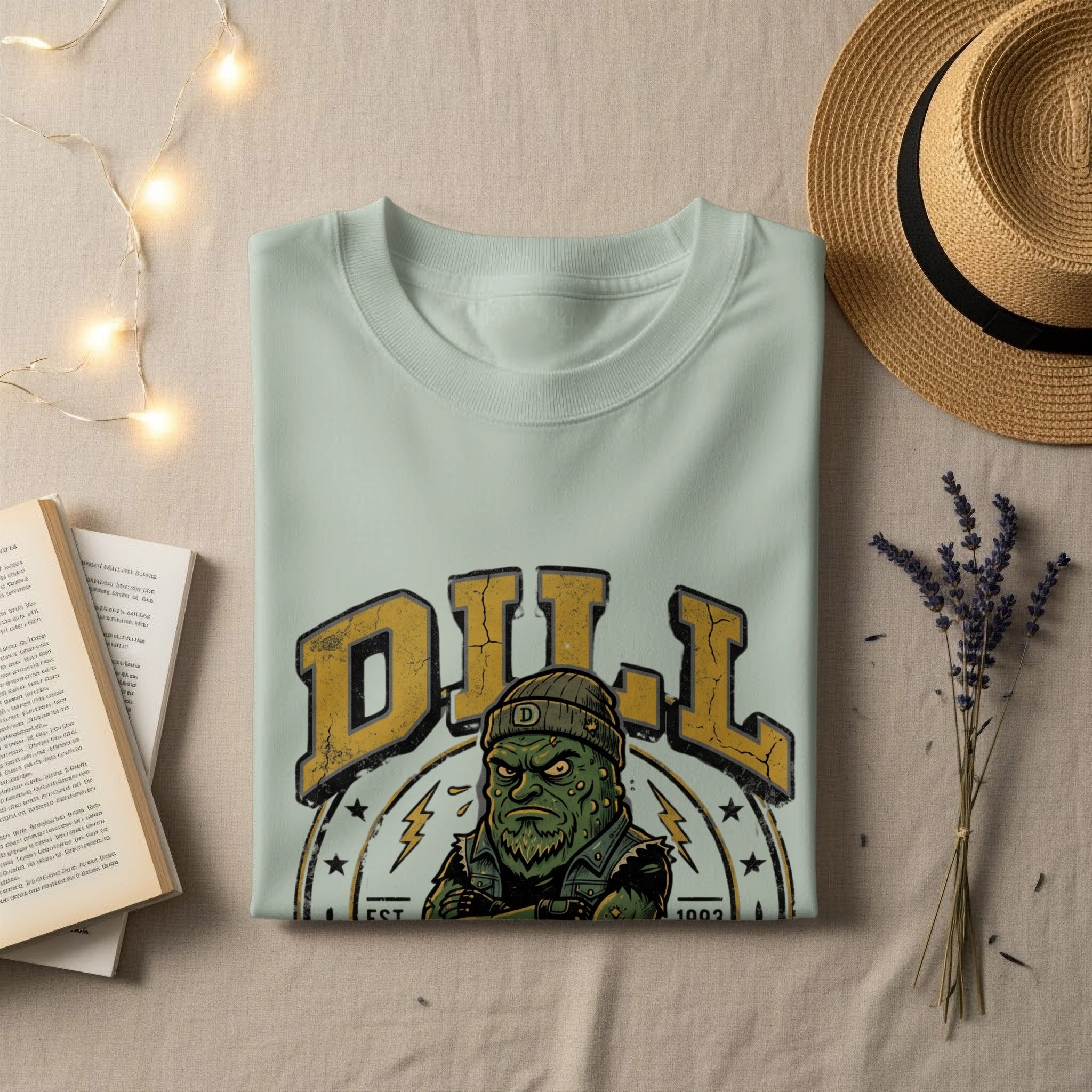 Pale green t-shirt with a distressed "DILL" graphic featuring a grimacing pickle character.
