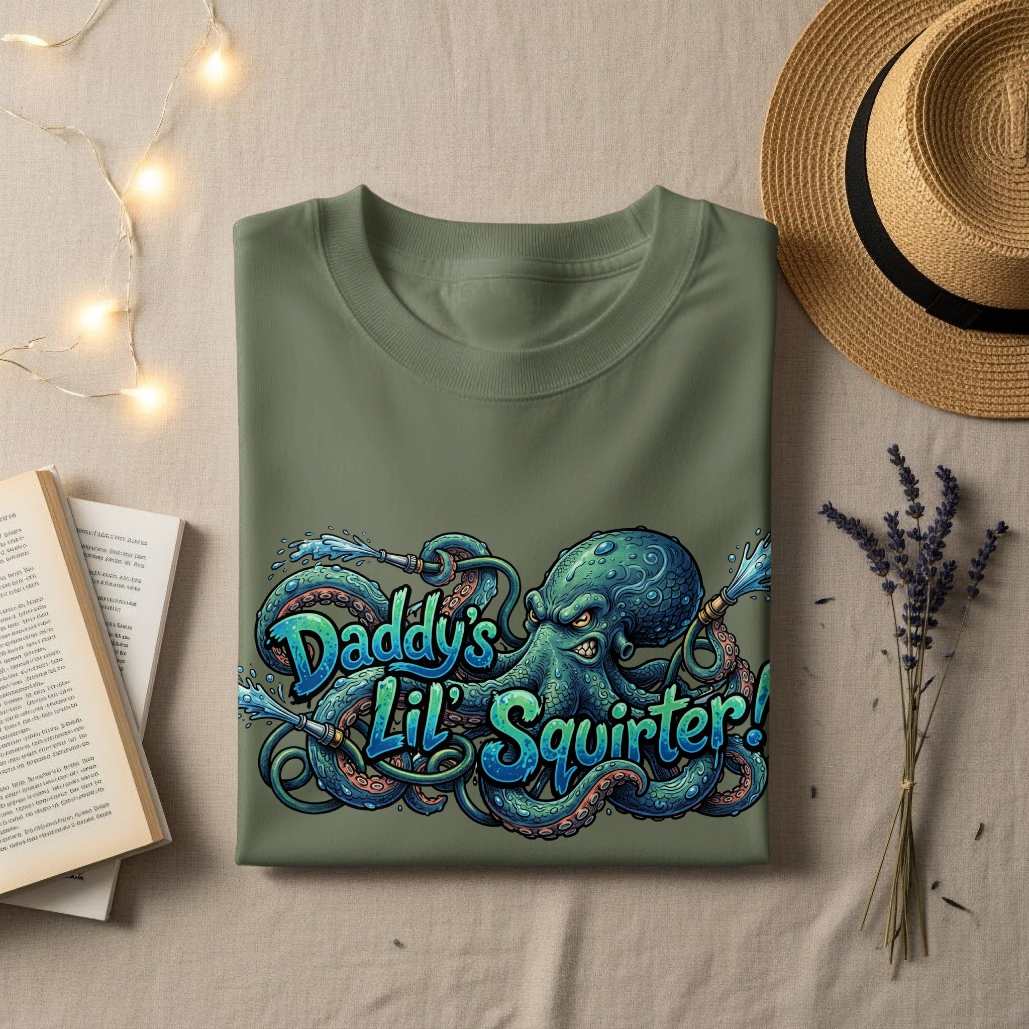 Olive green t-shirt with "Daddy's Lil' Squirt-er!" text and cartoon octopus.