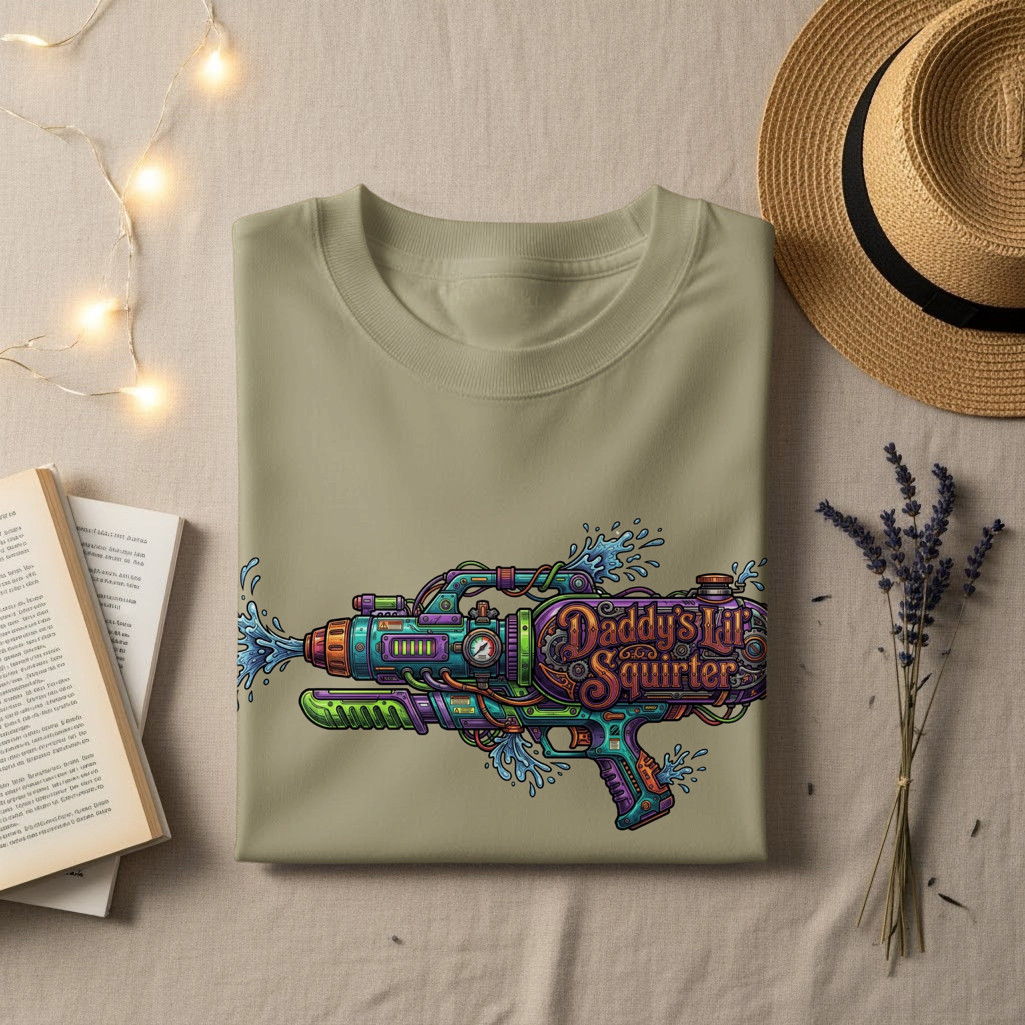 Light tan t-shirt with "Daddy's Lil Squirt-er" text and colorful water gun graphic.