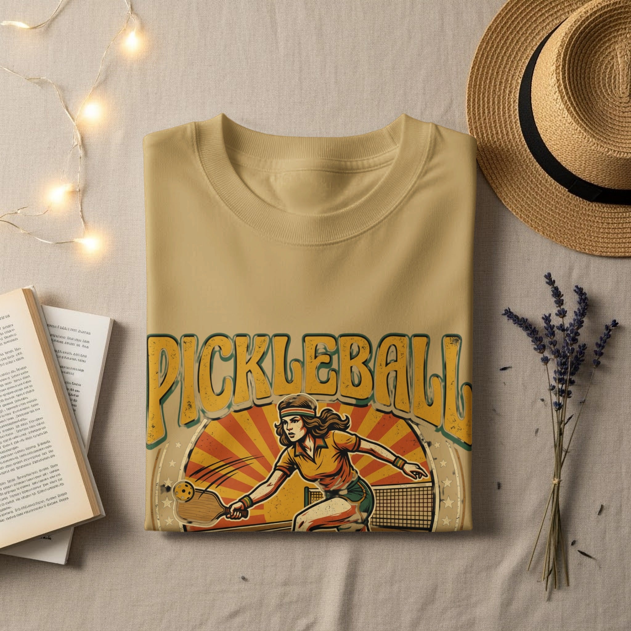 Pickleball graphic on a tan t-shirt with a retro design.