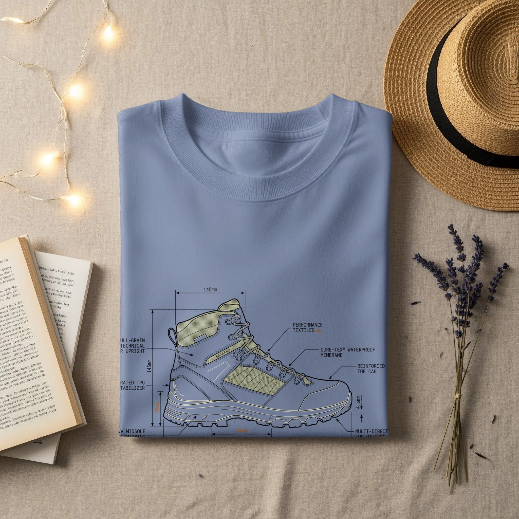 Light blue t-shirt with blueprint diagram of a hiking boot and text labels.