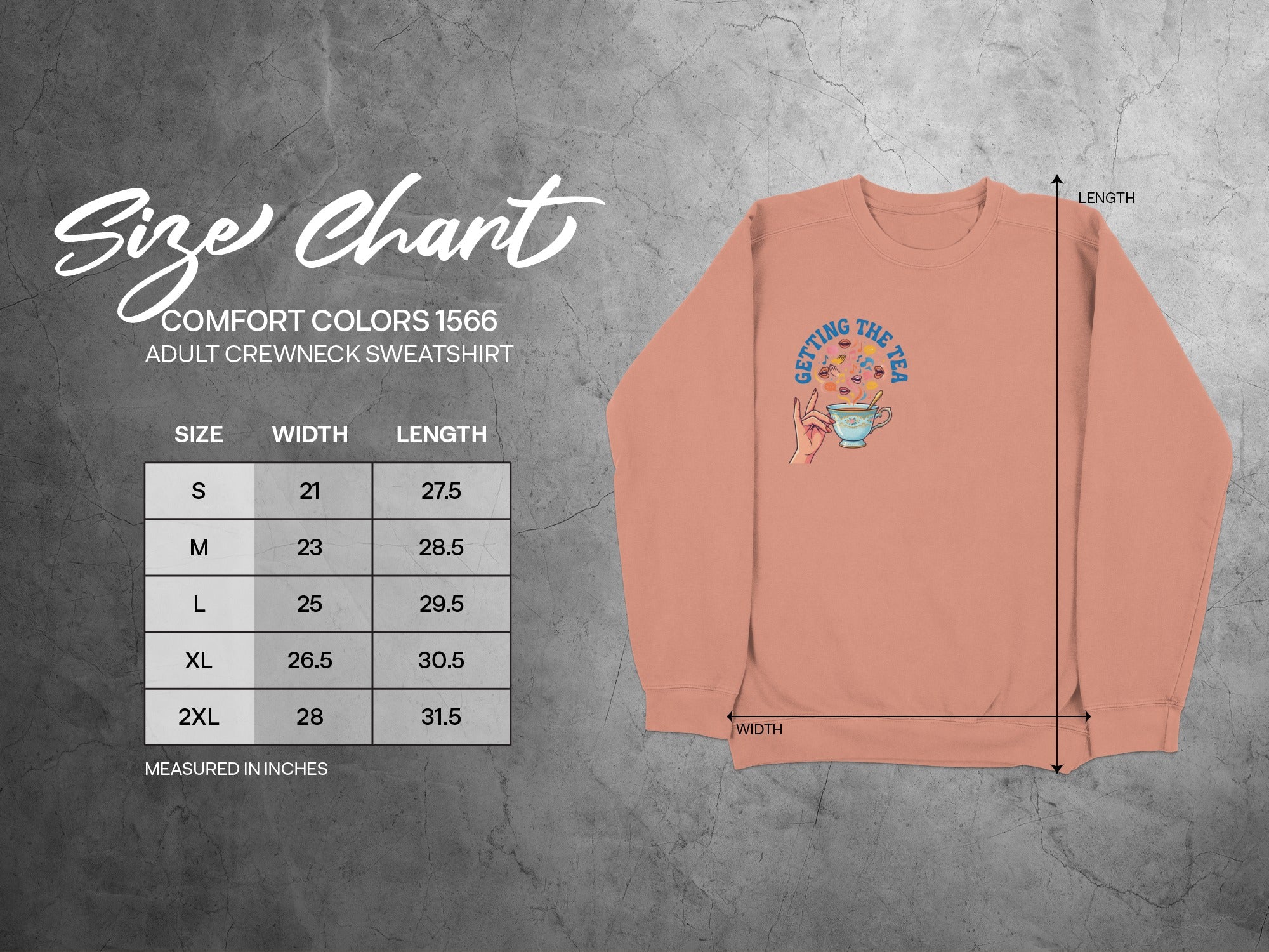 Comfort Colors 1566 adult crewneck sweatshirt size chart.