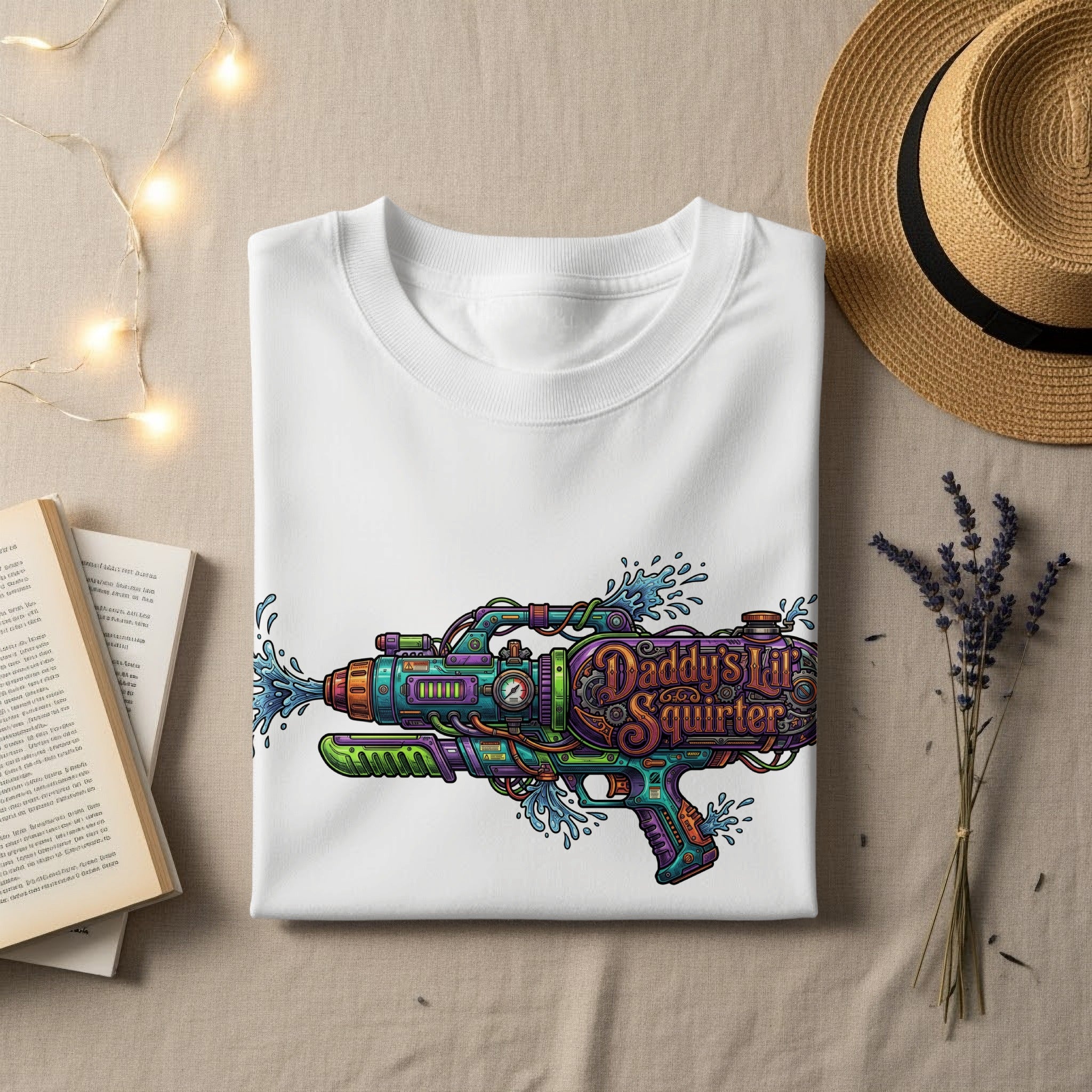 White t-shirt with colorful "Daddy's Lil' Squirter" water gun graphic.