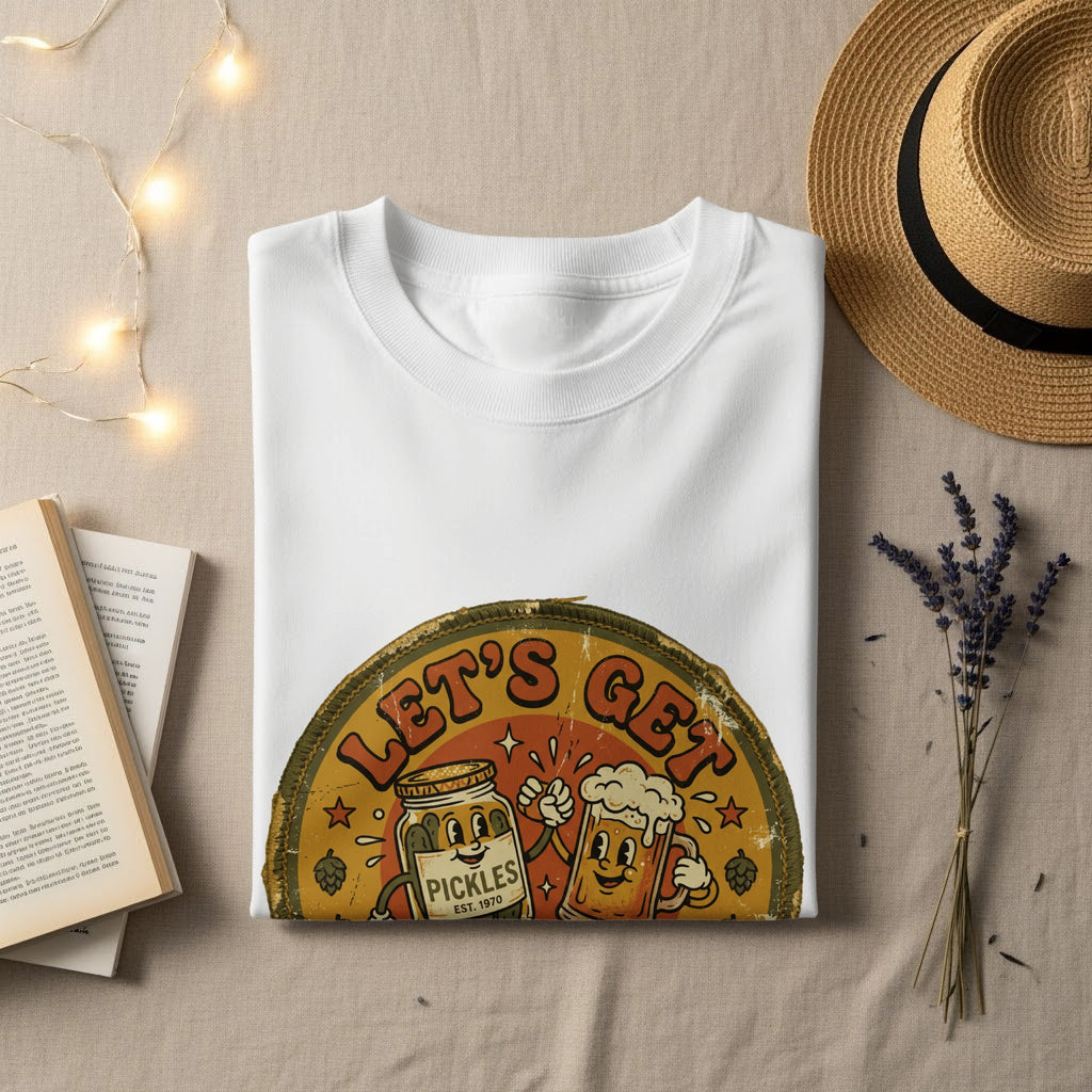 White t-shirt with "Let's Get Pickles Est. 1970" graphic.