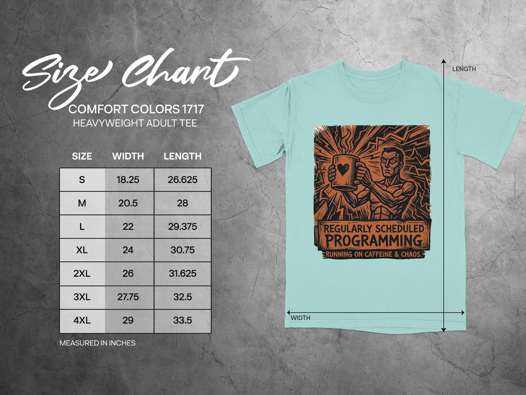 Comfort Colors 1717 size chart with t-shirt graphic.