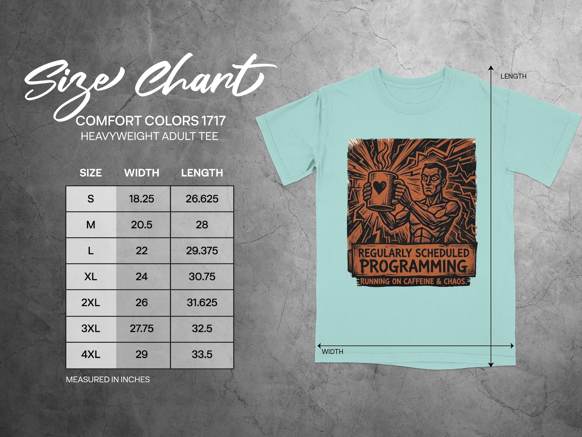 Comfort Colors 1717 size chart with t-shirt graphic.