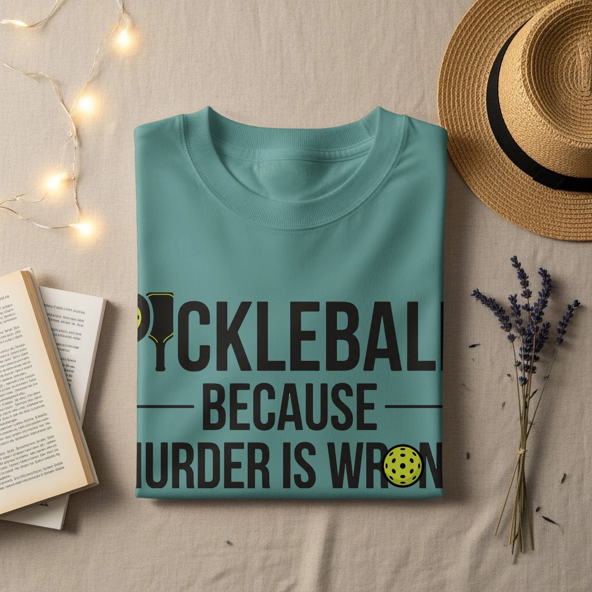 Teal t-shirt with "Pickleball Because Murder Is Wrong" graphic and pickleball image.