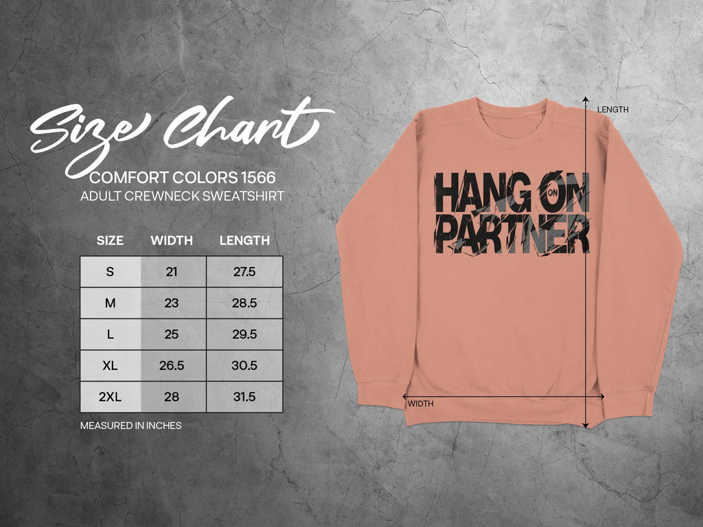 Comfort Colors 1566 adult crewneck sweatshirt size chart with measurements.
