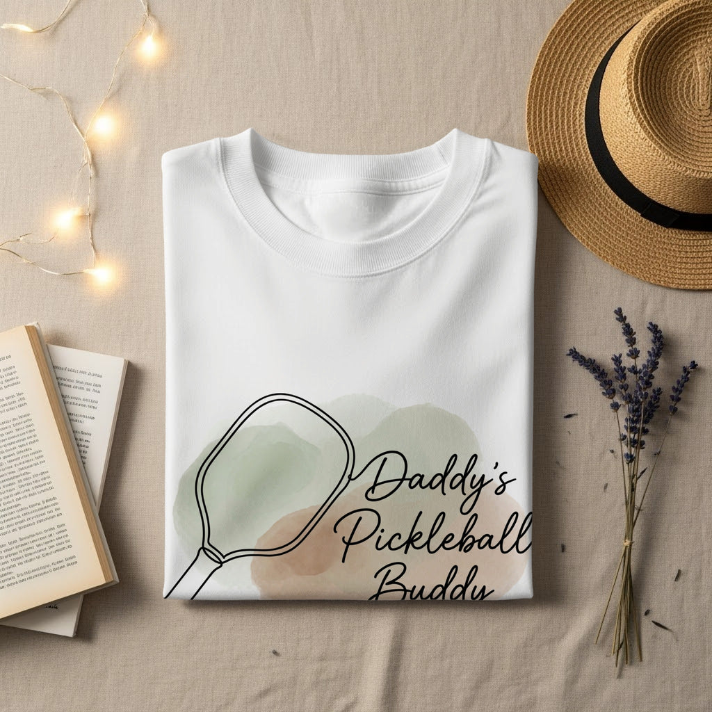 White t-shirt with "Daddy's Pickleball Buddy" graphic.
