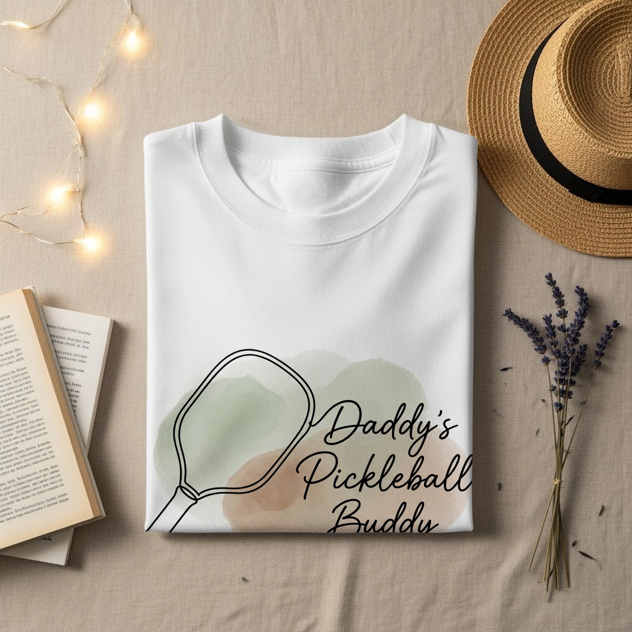 White t-shirt with "Daddy's Pickleball Buddy" graphic.