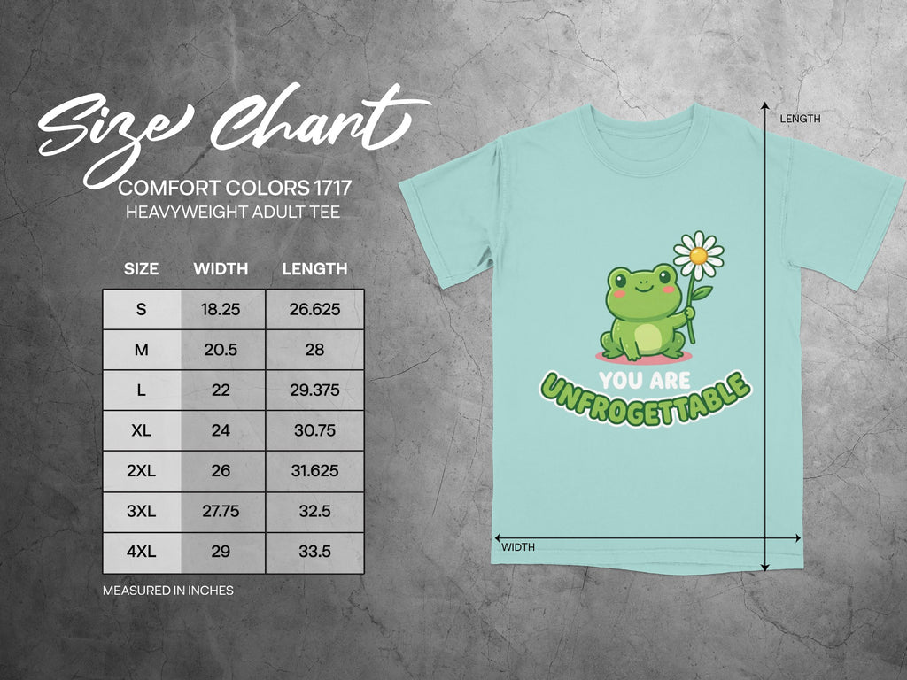 Size chart for Comfort Colors 1717 heavyweight adult tee with frog graphic.