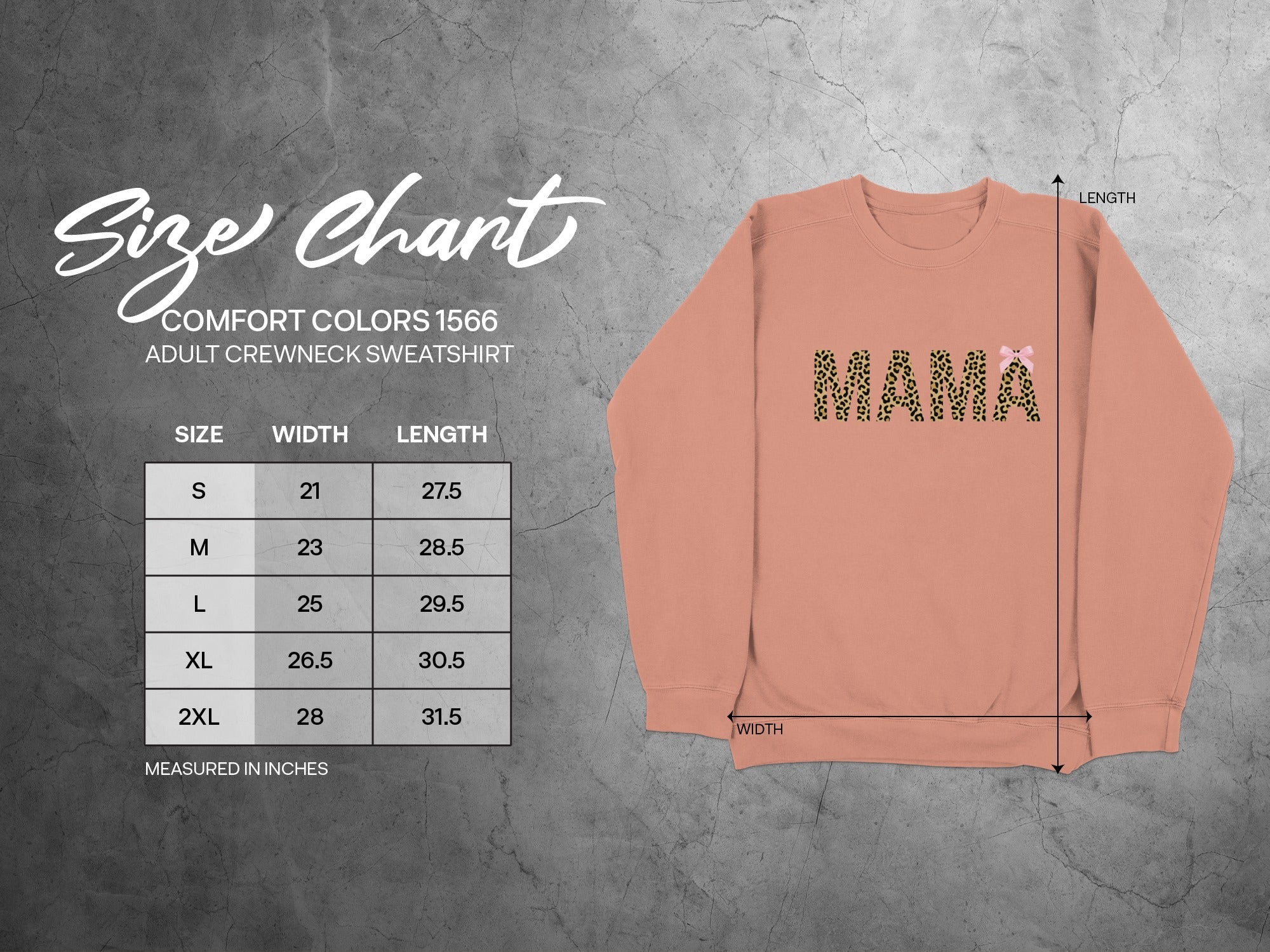 Comfort Colors 1566 adult crewneck sweatshirt size chart with measurements.