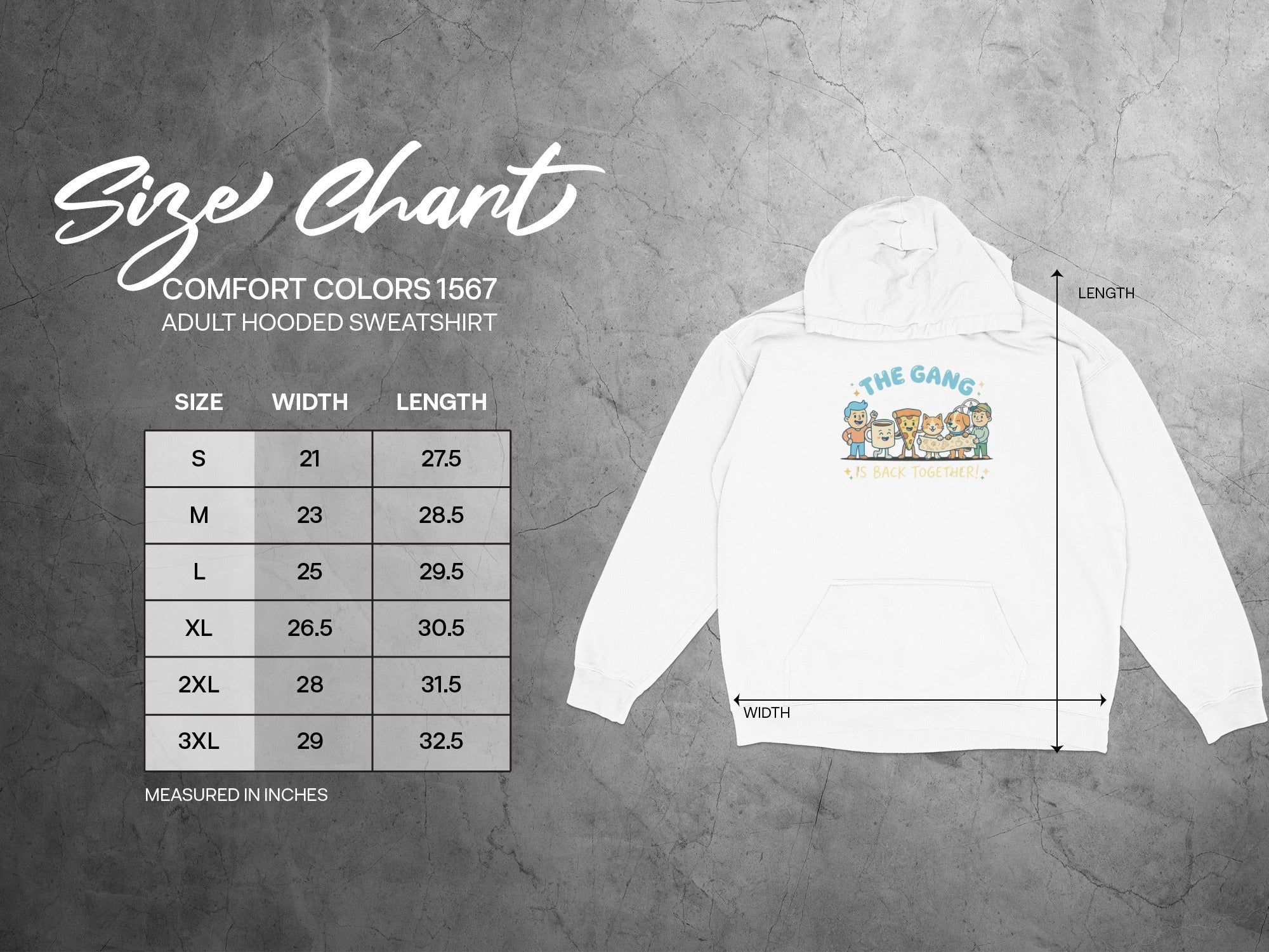 Comfort Colors 1567 adult hooded sweatshirt size chart with measurements.