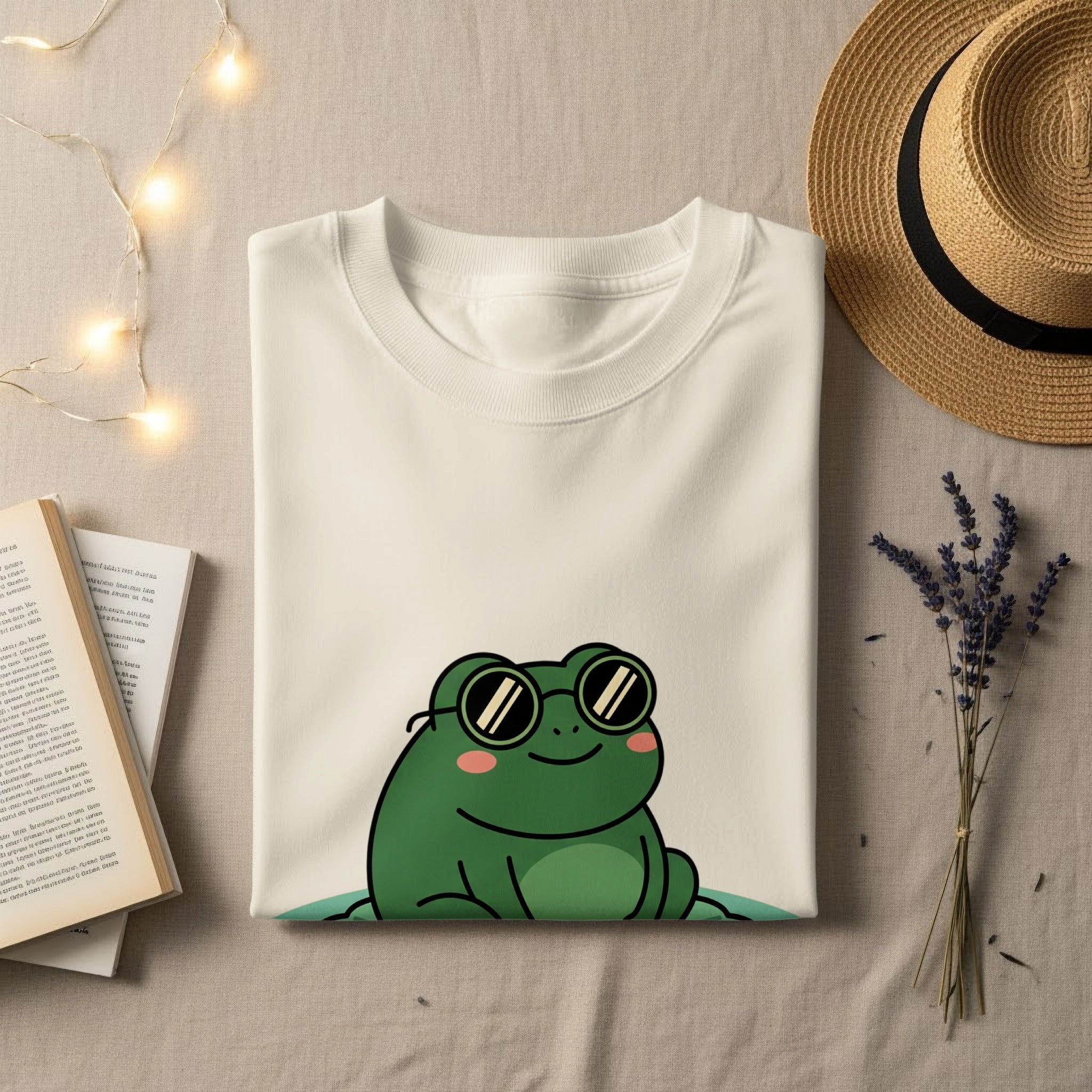 White t-shirt with a cartoon frog wearing sunglasses.