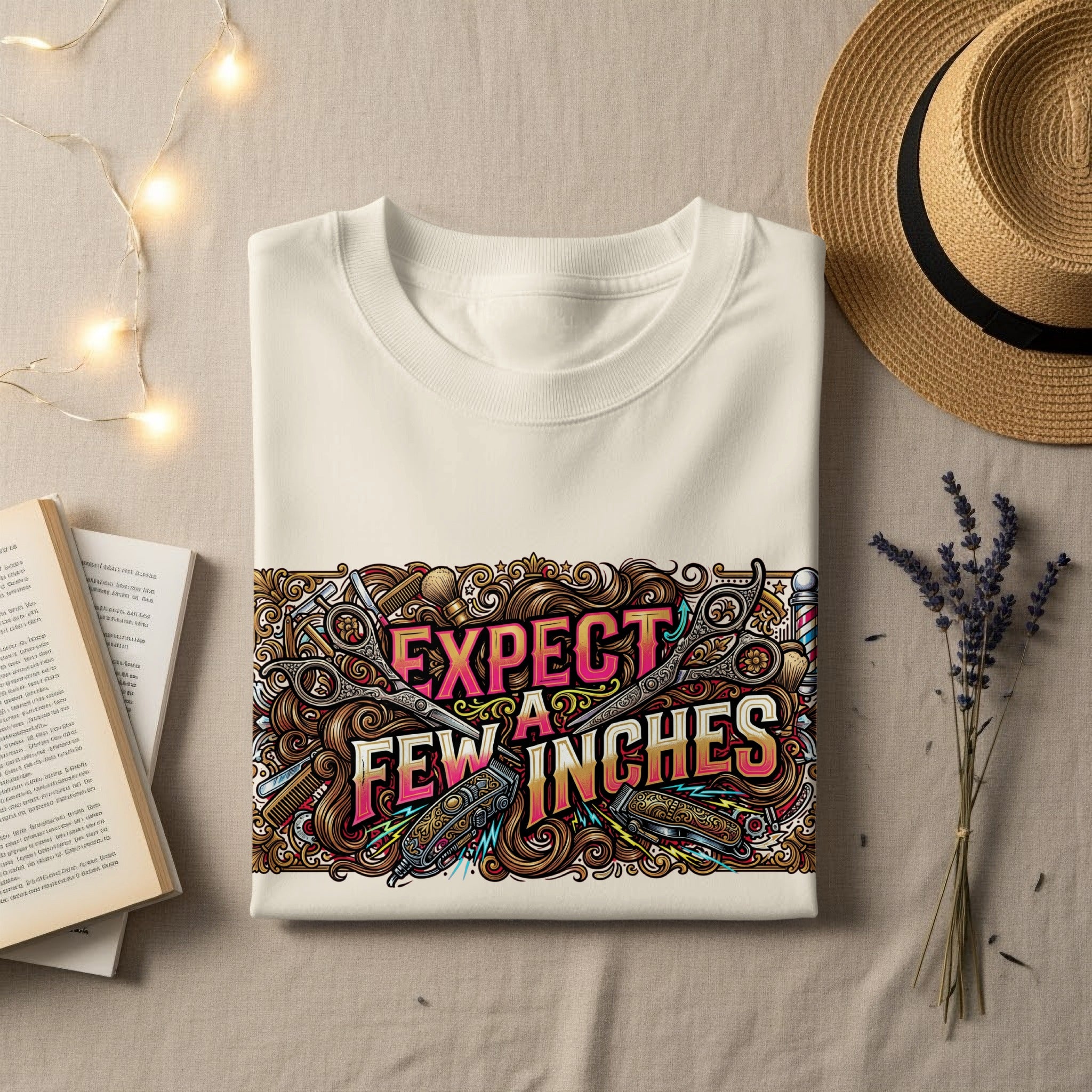 White t-shirt with "Expect few inches" graphic featuring scissors and combs.