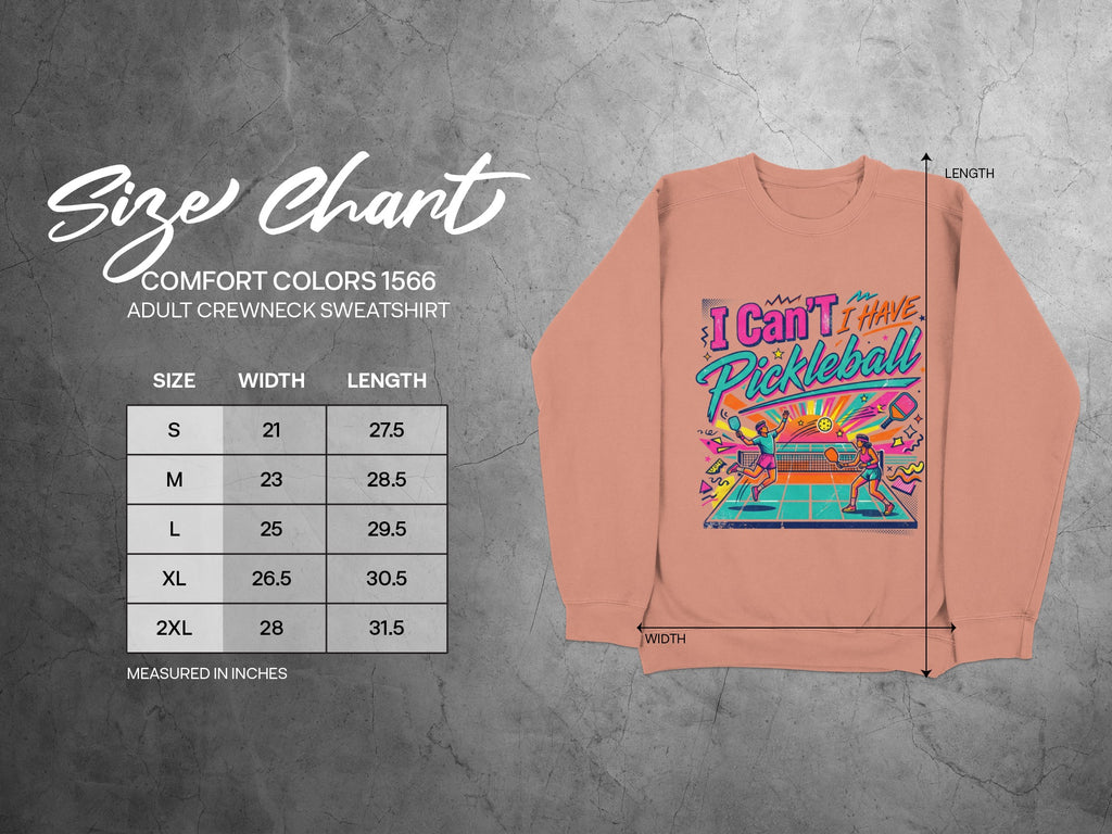 Size chart for Comfort Colors 1566 adult crewneck sweatshirt.