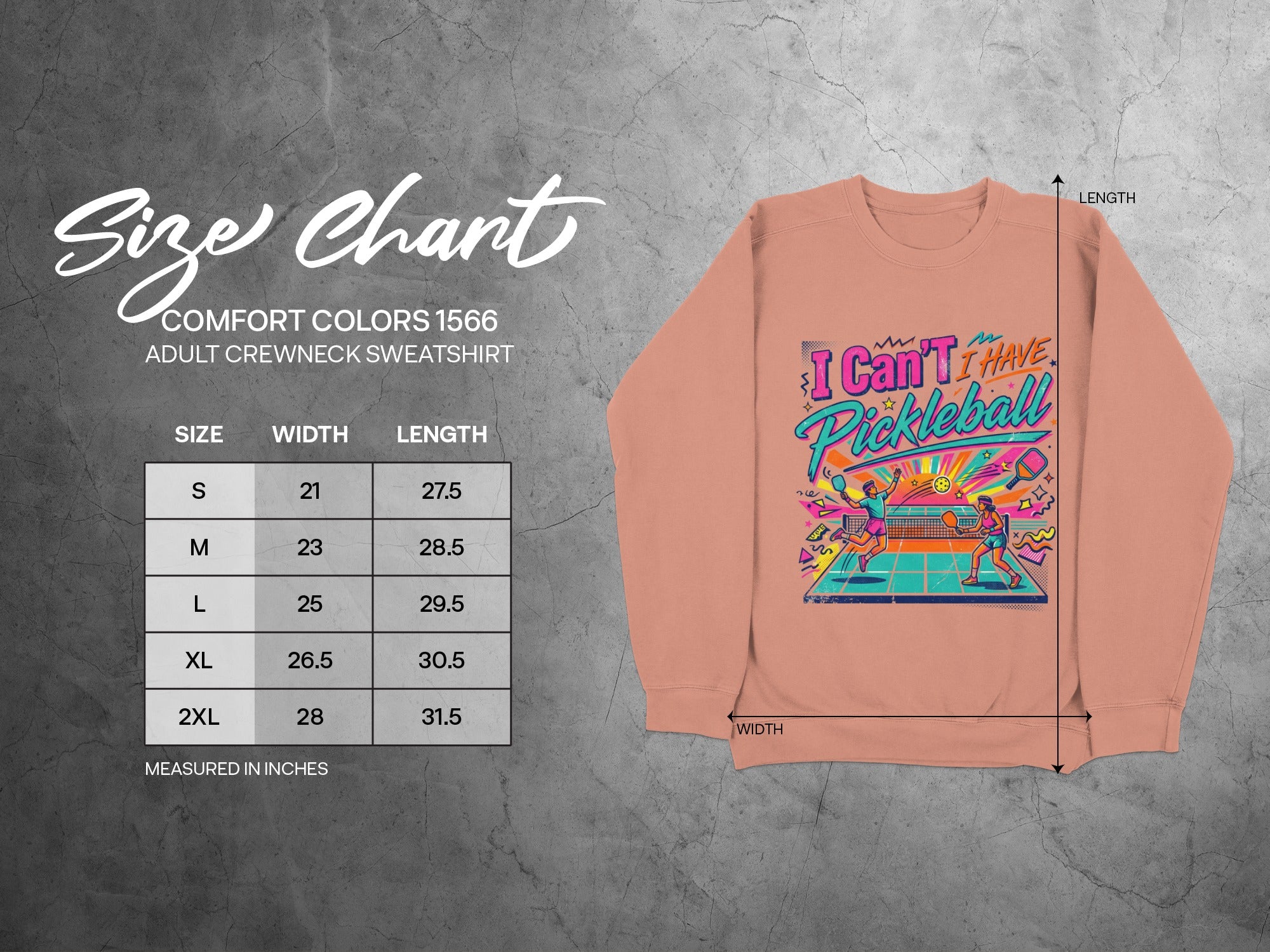 Size chart for Comfort Colors 1566 adult crewneck sweatshirt.