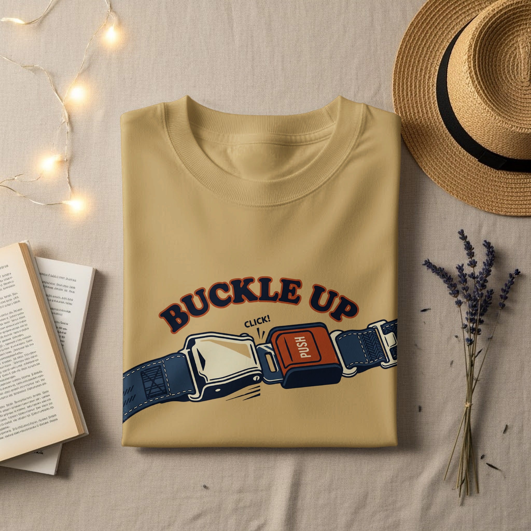 Beige t-shirt with "BUCKLE UP CLICK!" text and seatbelt graphic.