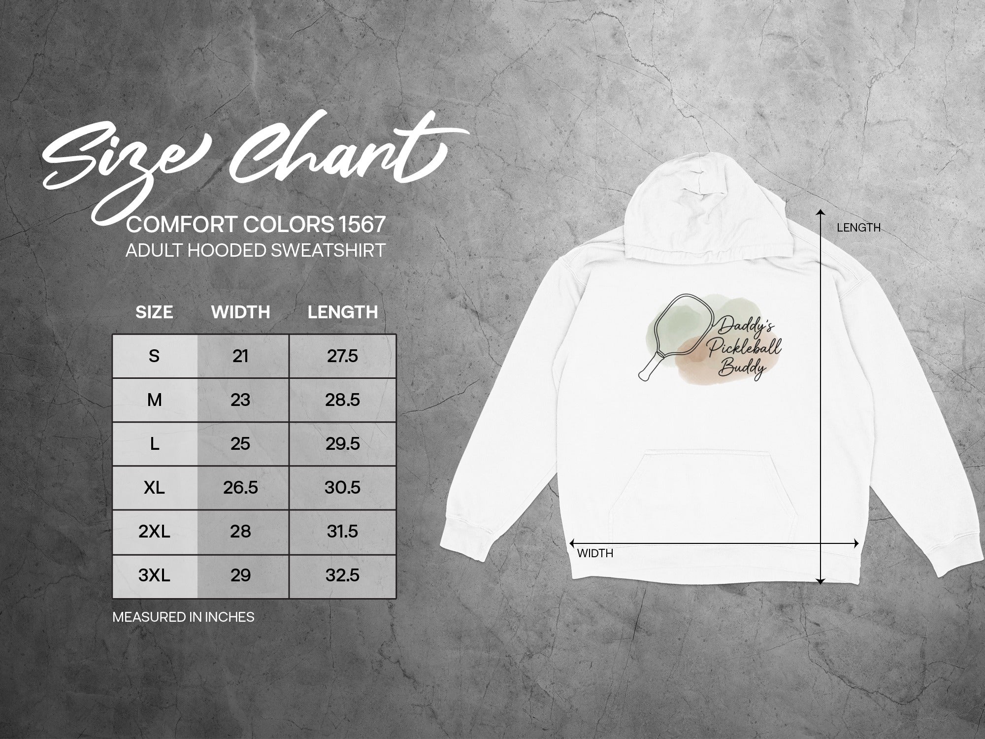 Size chart for adult Comfort Colors 1567 hooded sweatshirt.