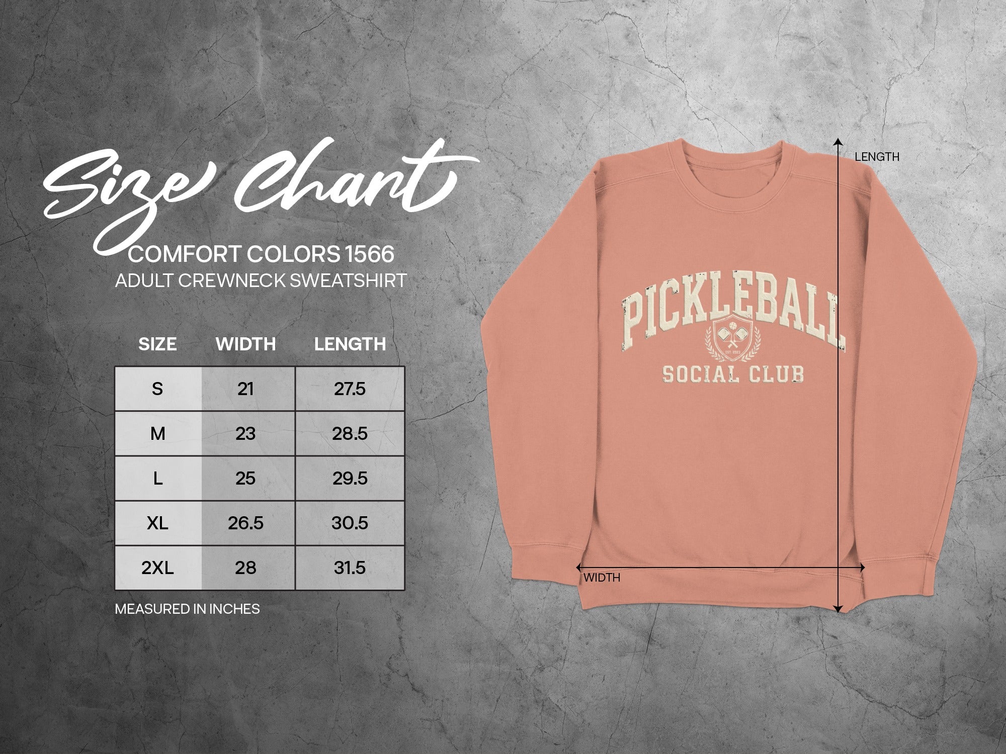 Comfort Colors 1566 adult crewneck sweatshirt size chart with measurements.