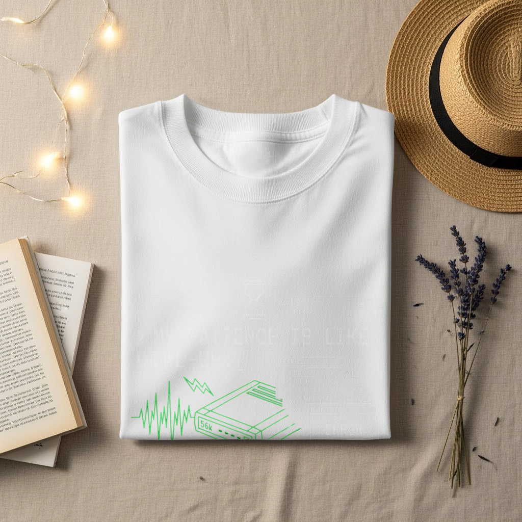 White t-shirt with "My patience is like 56k modem" graphic and green heart monitor line.