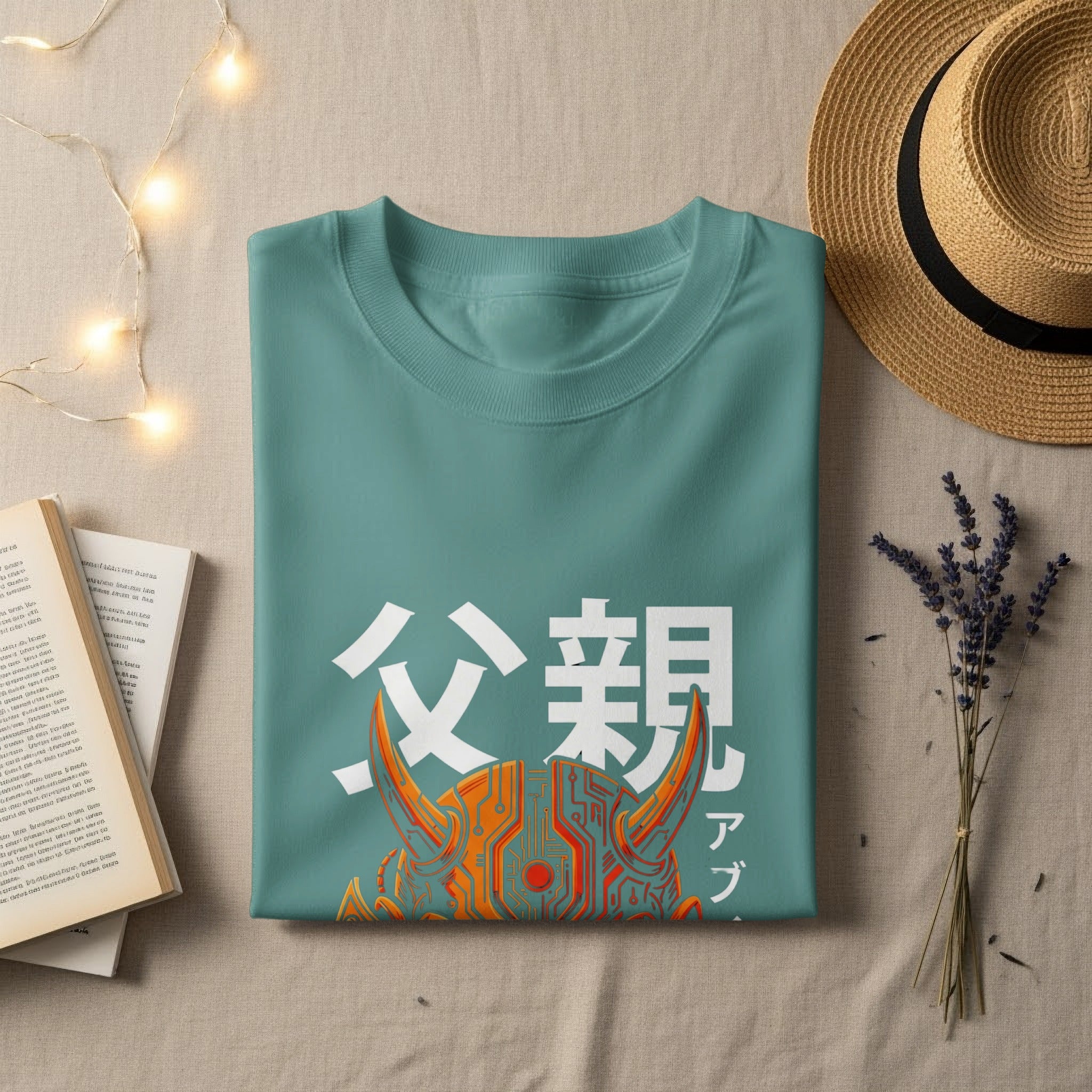 Teal t-shirt with "Father" in Japanese characters and a robotic mask graphic.