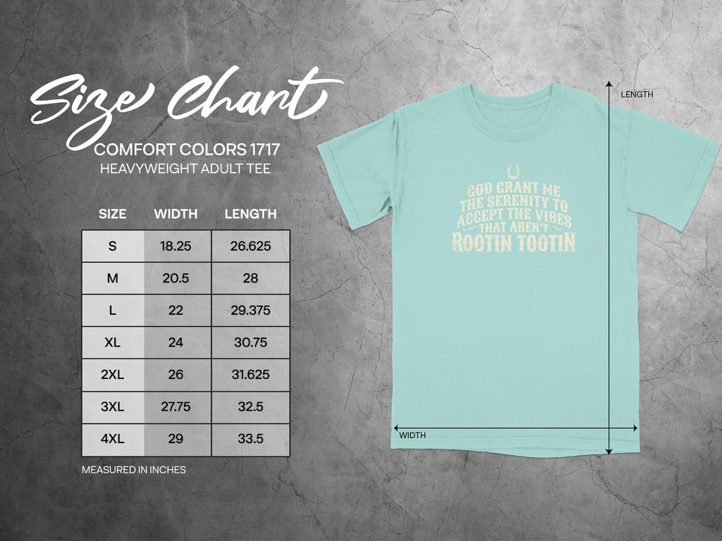 Comfort Colors 1717 heavyweight adult tee size chart with shirt graphic.