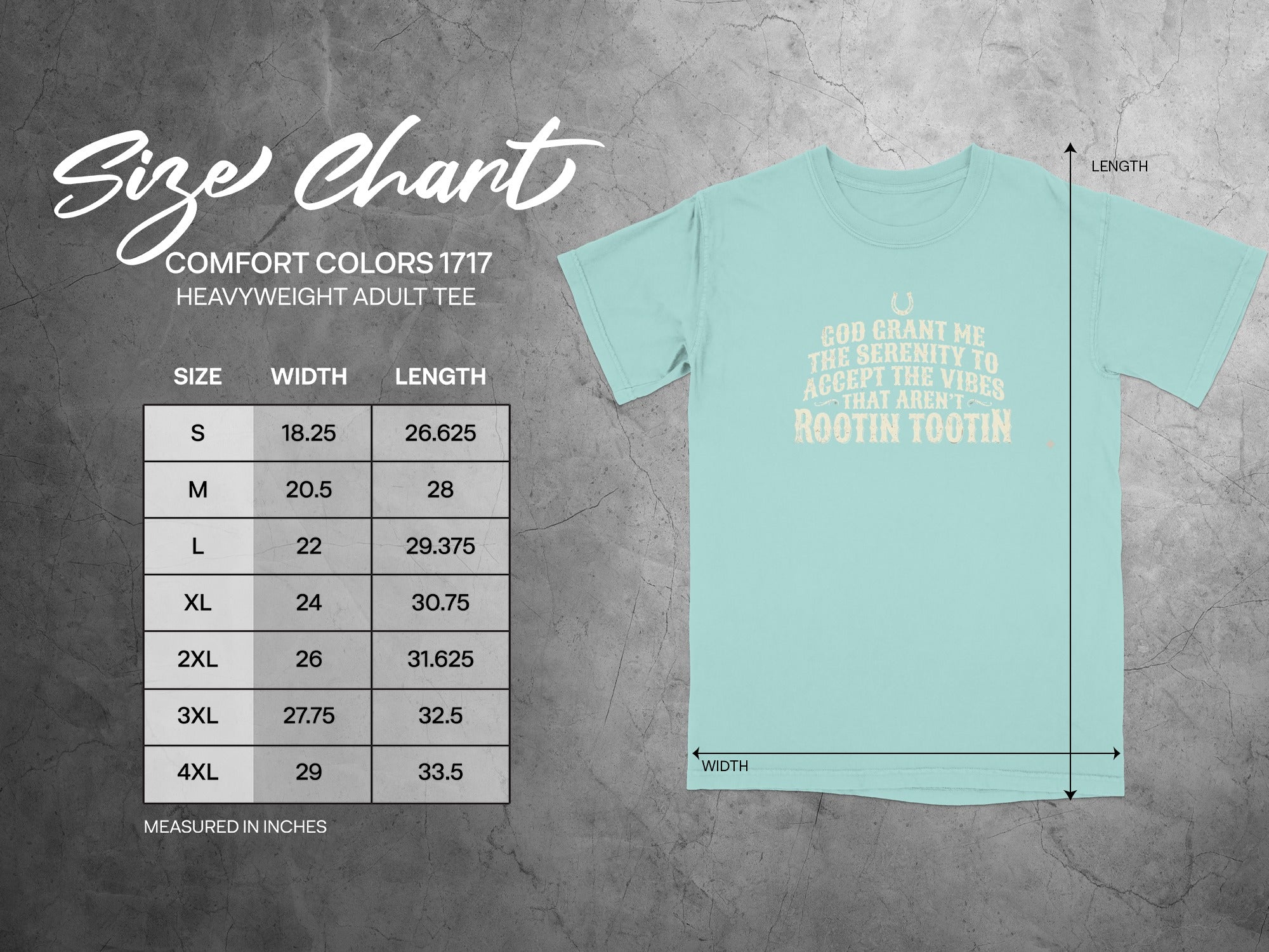 Comfort Colors 1717 heavyweight adult tee size chart with shirt graphic.