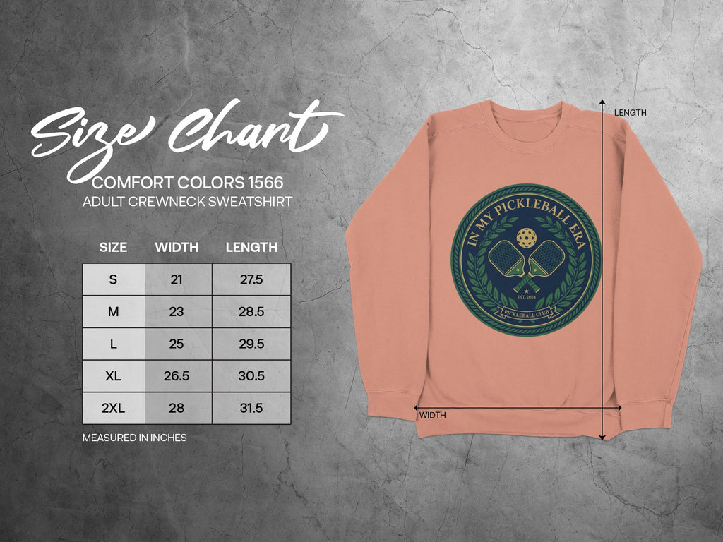 Comfort Colors 1566 adult crewneck sweatshirt size chart with measurements.