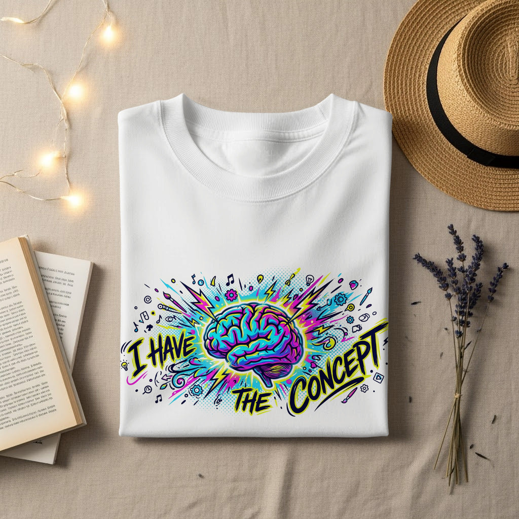 White t-shirt with "I HAVE THE CONCEPT" and a colorful brain graphic.