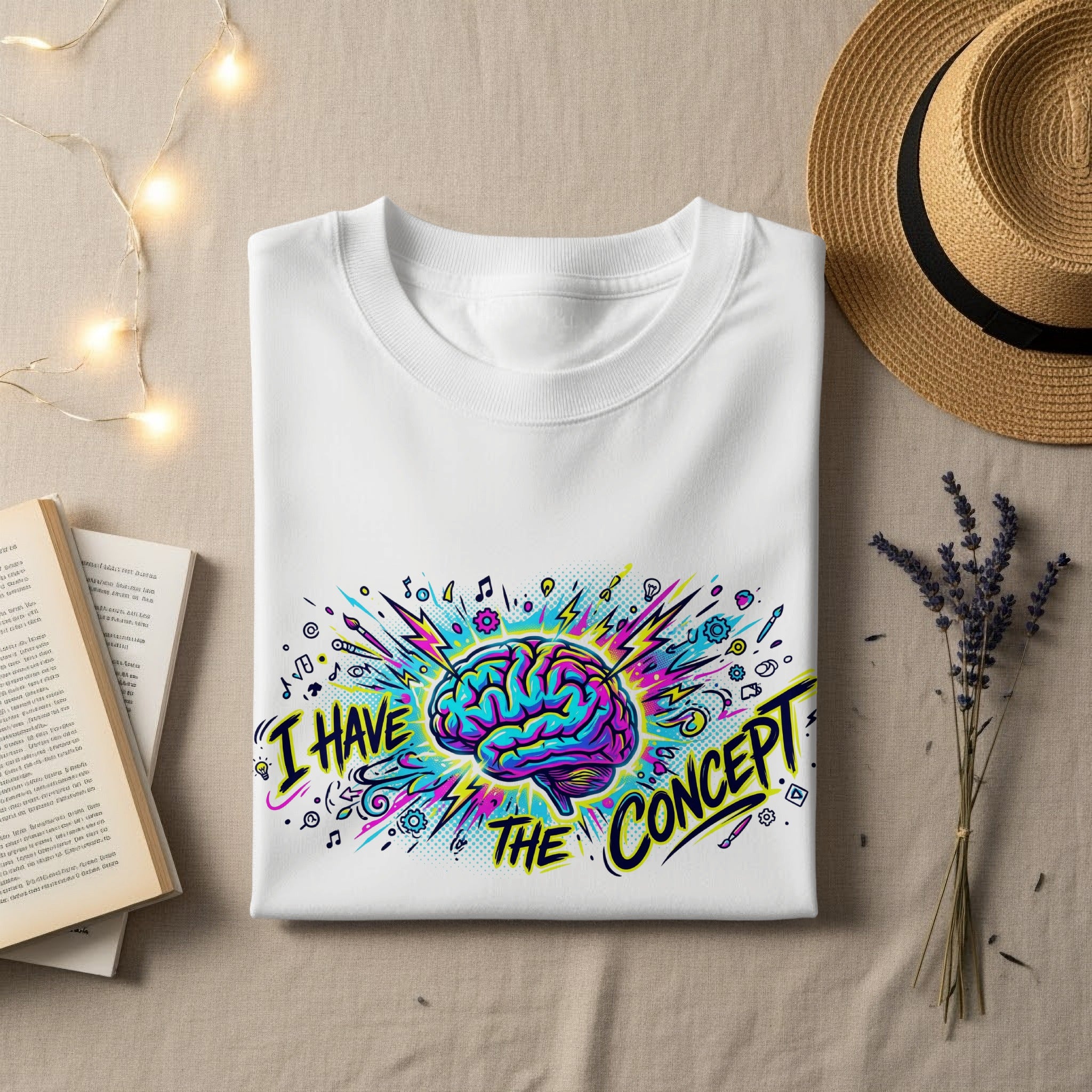 White t-shirt with "I HAVE THE CONCEPT" and a colorful brain graphic.
