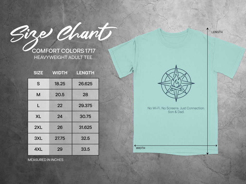 Comfort Colors 1717 adult tee size chart with measurements in inches.
