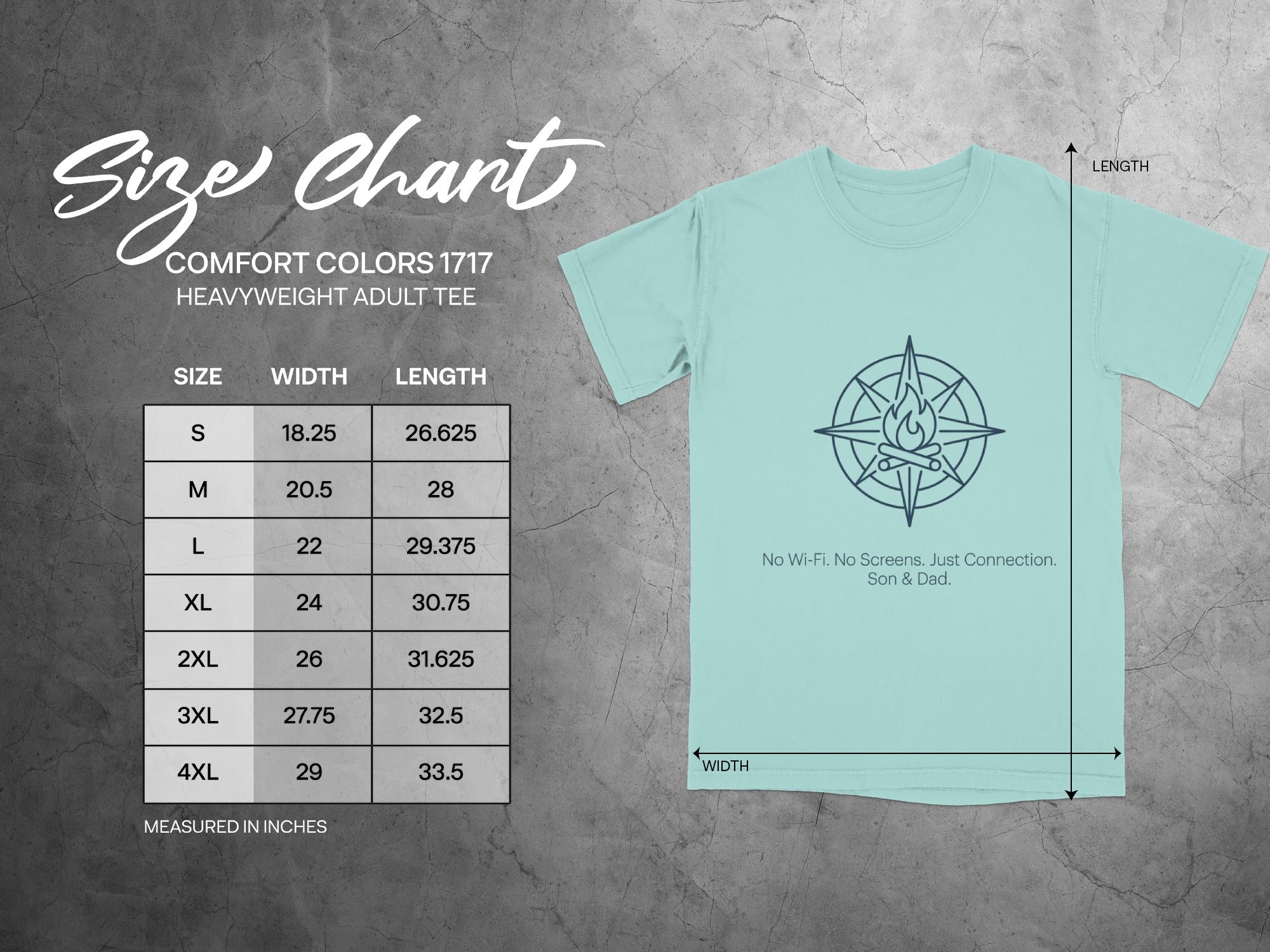 Comfort Colors 1717 adult tee size chart with measurements in inches.