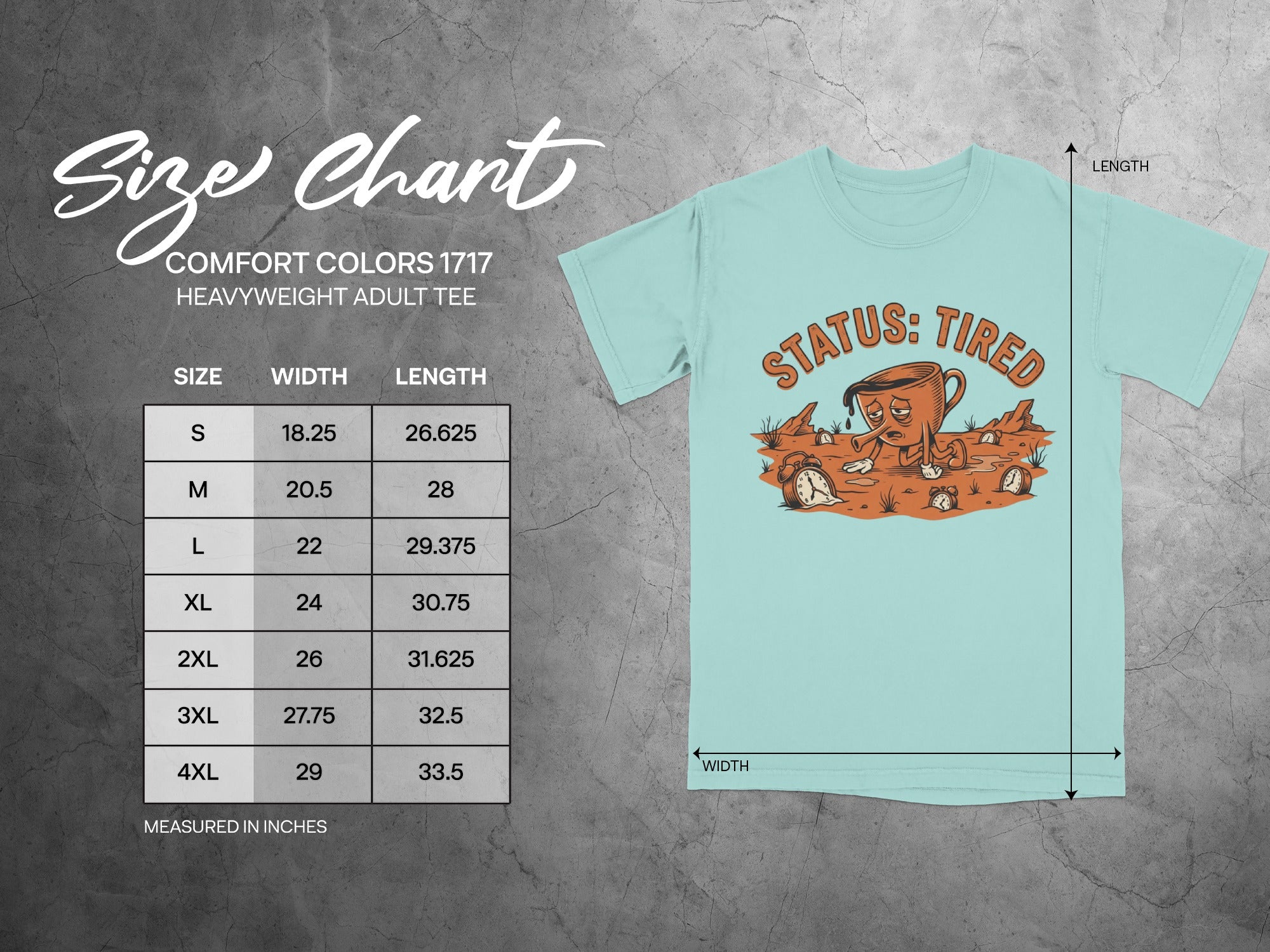 Size chart for Comfort Colors 1717 heavyweight adult tee.