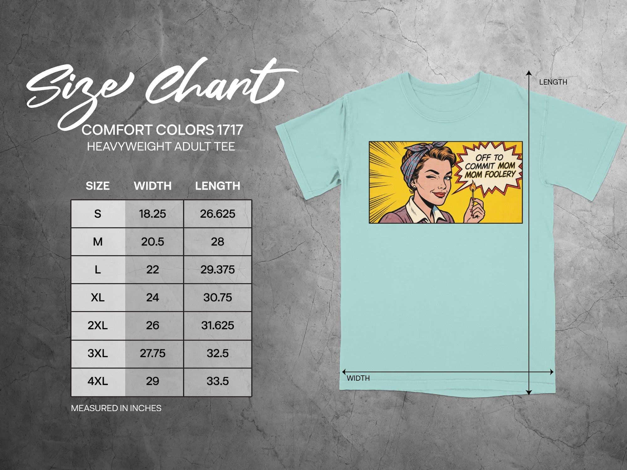 Size chart for Comfort Colors 1717 heavyweight adult tee with cartoon graphic.
