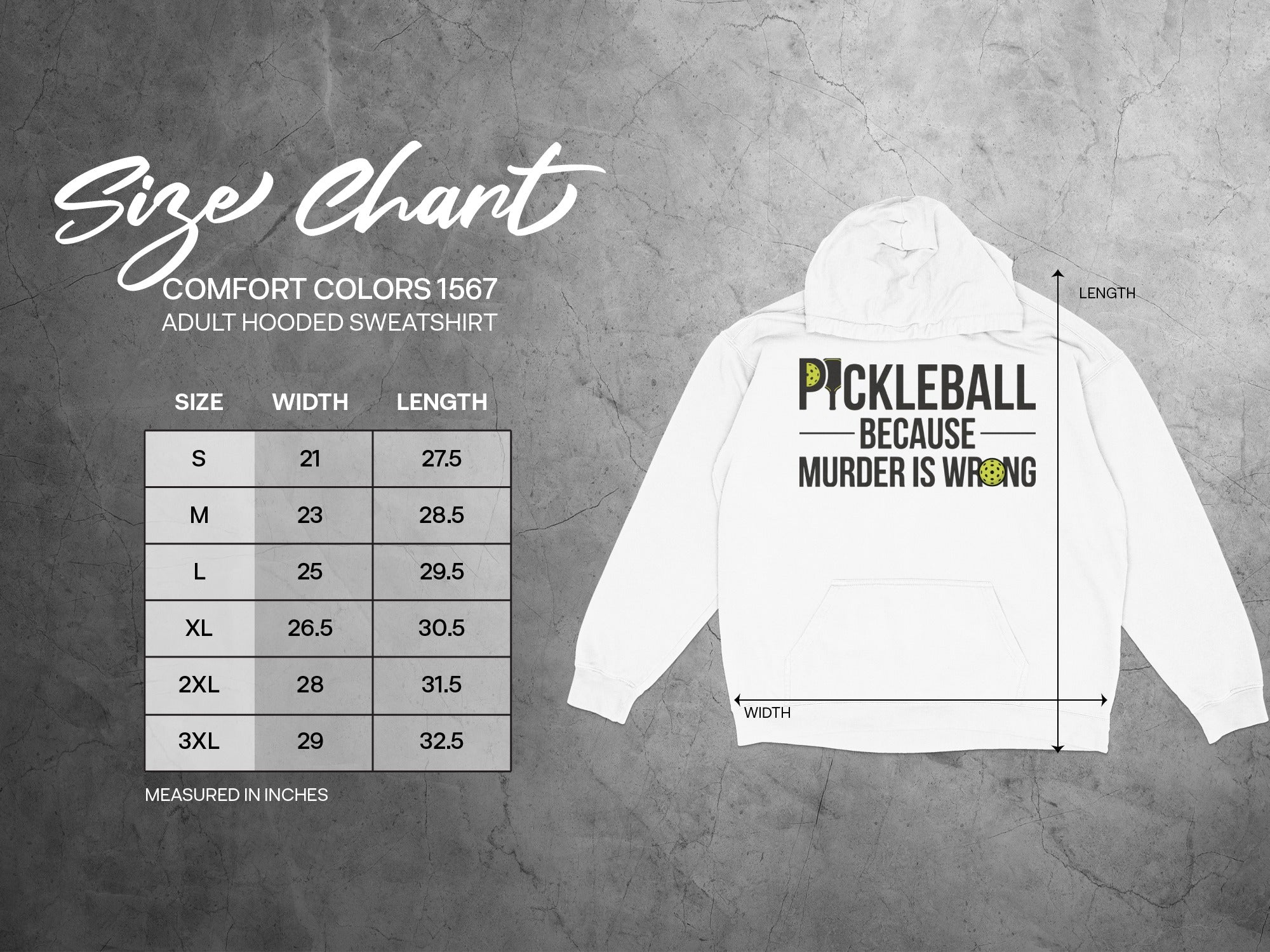 Comfort Colors adult hooded sweatshirt size chart with pickleball graphic.