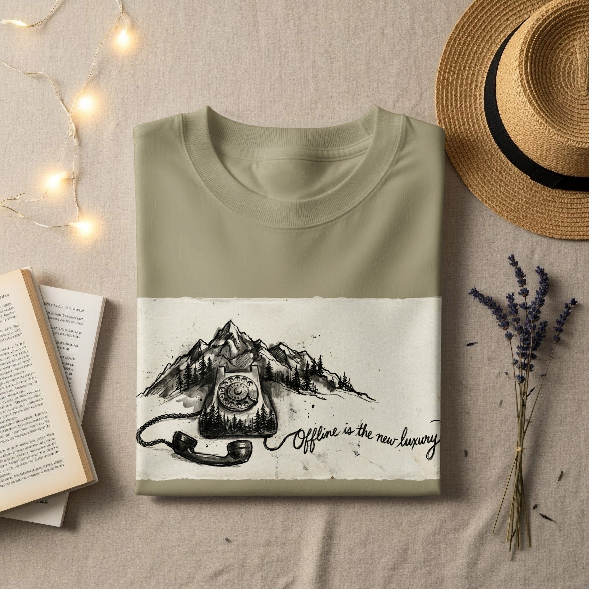 Khaki t-shirt with "Offline is the new luxury" text and vintage phone graphic.