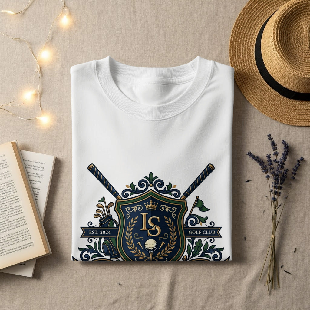 White t-shirt with IS Golf Club crest, Est. 2024, and crossed golf clubs.