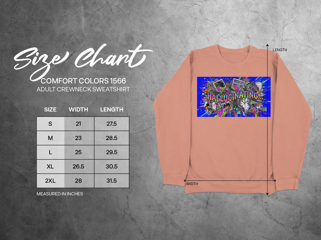 Size chart for Comfort Colors 1566 adult crewneck sweatshirt with measurements.