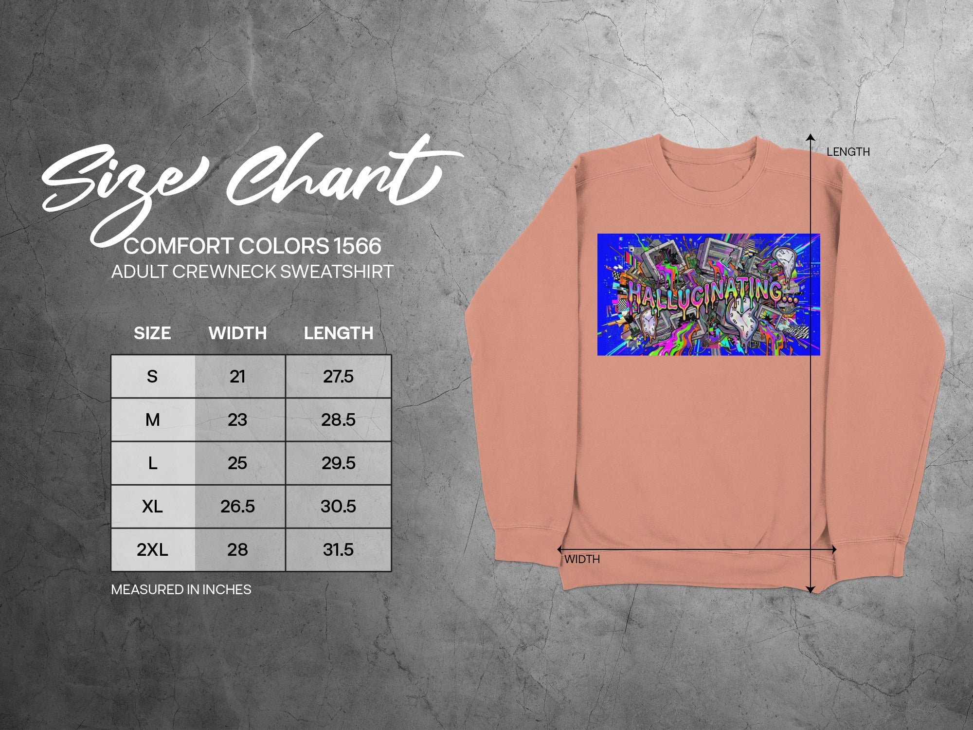 Size chart for Comfort Colors 1566 adult crewneck sweatshirt with measurements.