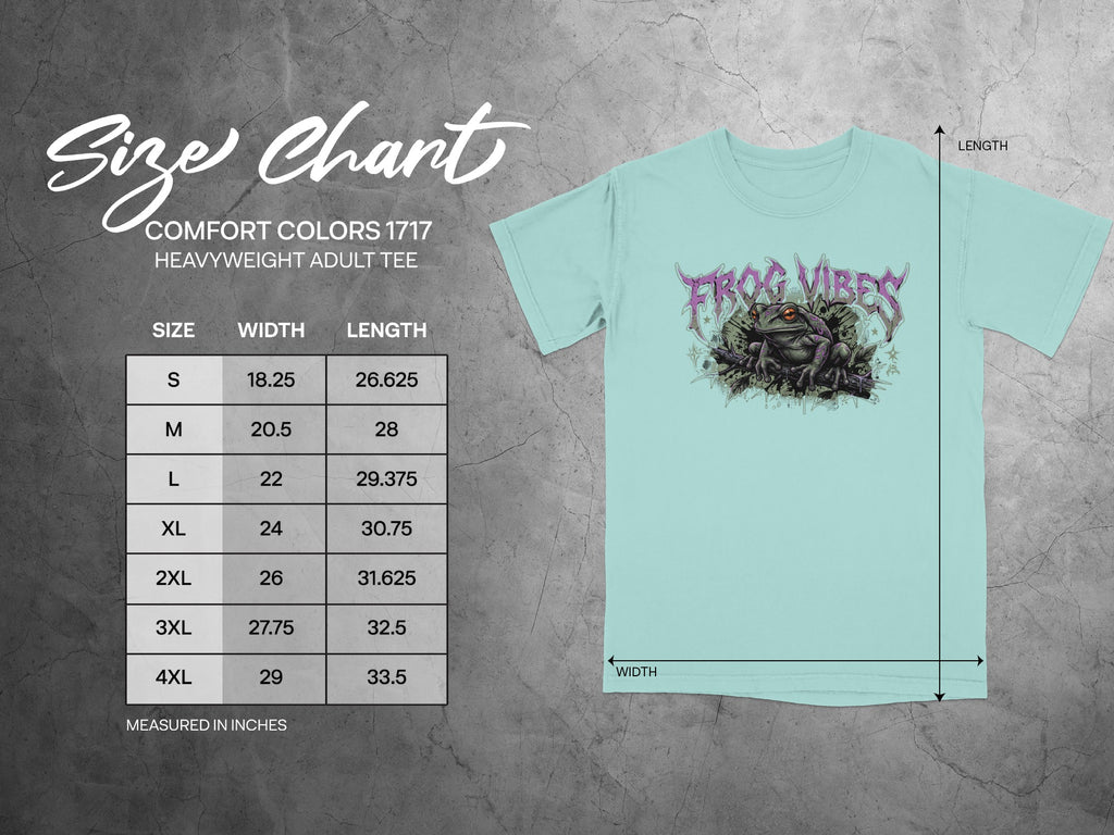 Comfort Colors 1717 size chart with frog graphic.