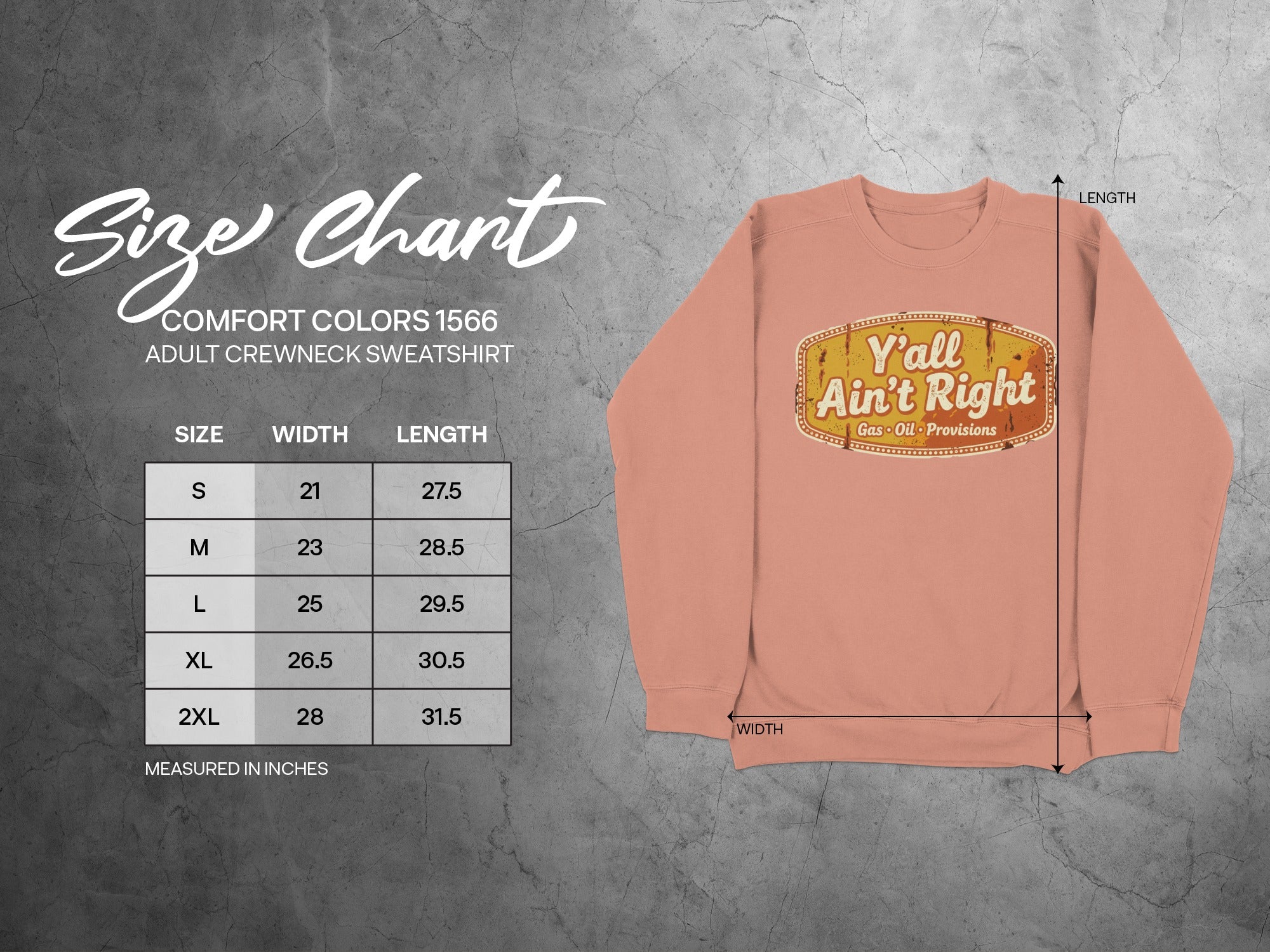 Comfort Colors 1566 sweatshirt size chart with measurements.
