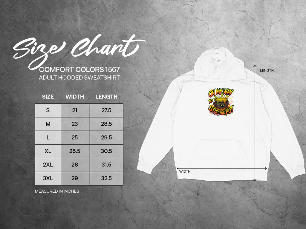 Comfort Colors 1567 size chart for adult hooded sweatshirt.