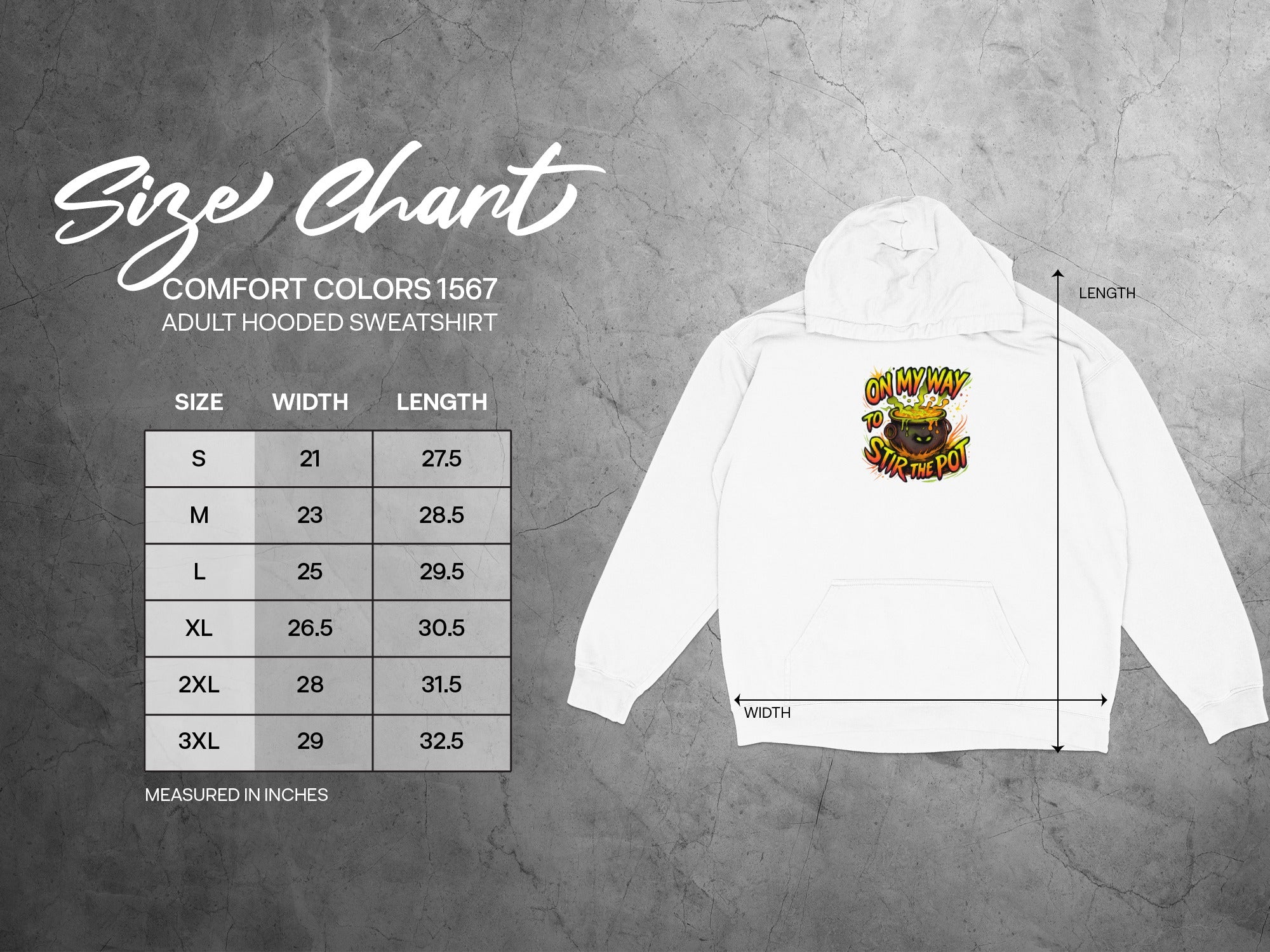 Comfort Colors 1567 size chart for adult hooded sweatshirt.