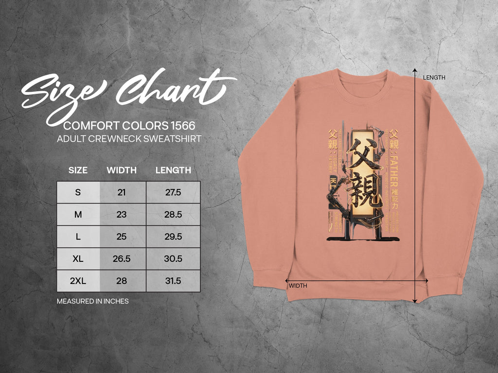 Comfort Colors 1566 adult crewneck sweatshirt size chart with Japanese text.